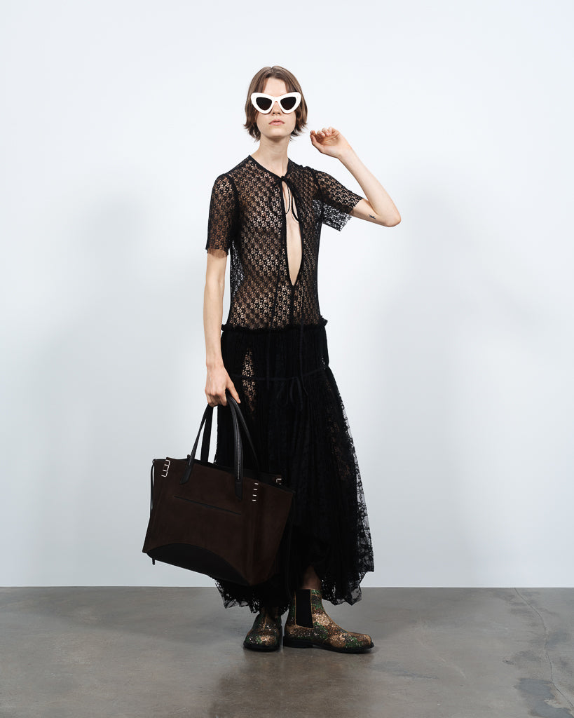 WOMENS MIXED LACE LONGLINE DRESS IN BLACK in BLACK DR0518PG191299906