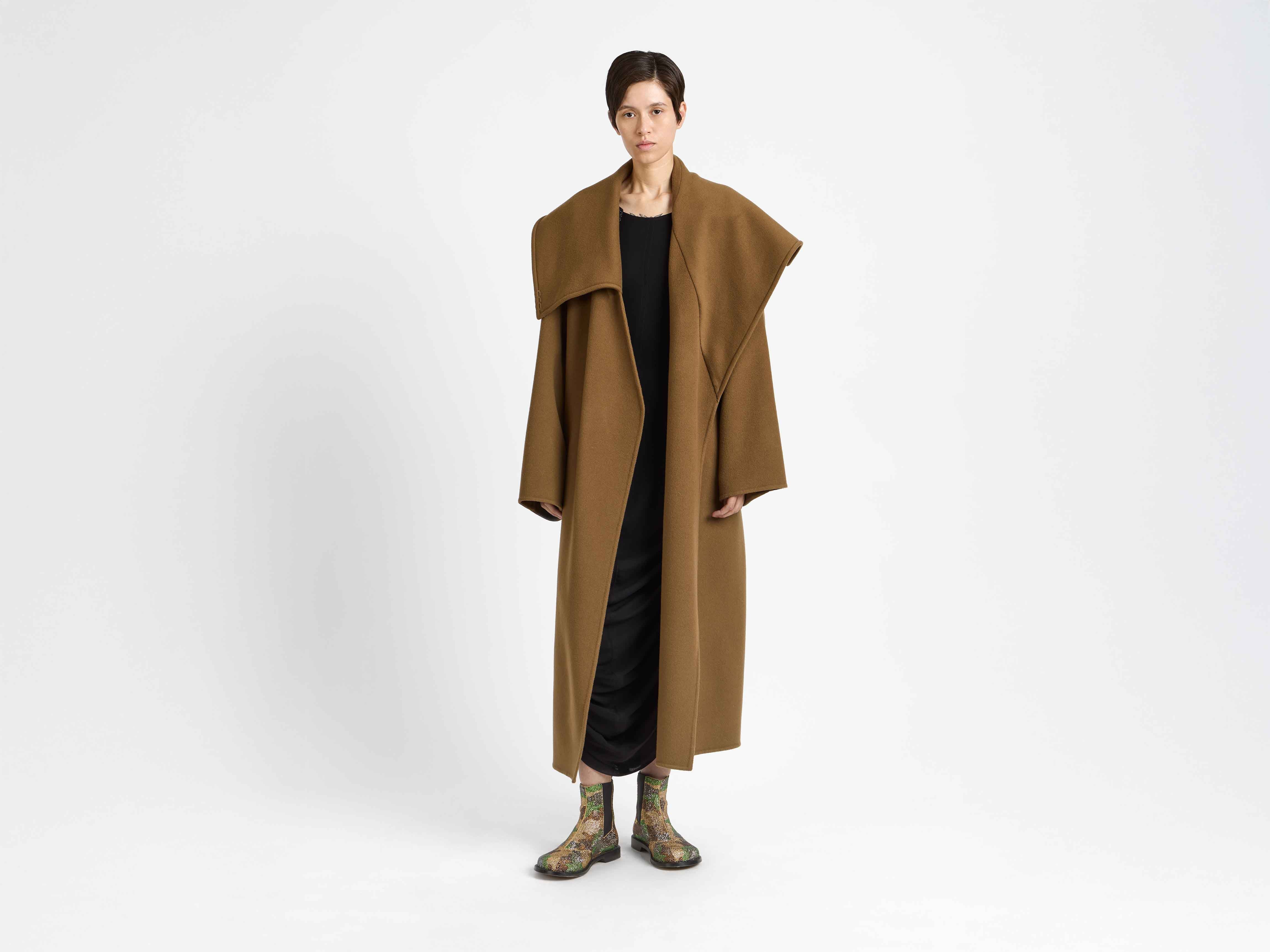 WOMENS LONGLINE WRAP FRONT COAT IN CUMIN in CUMIN