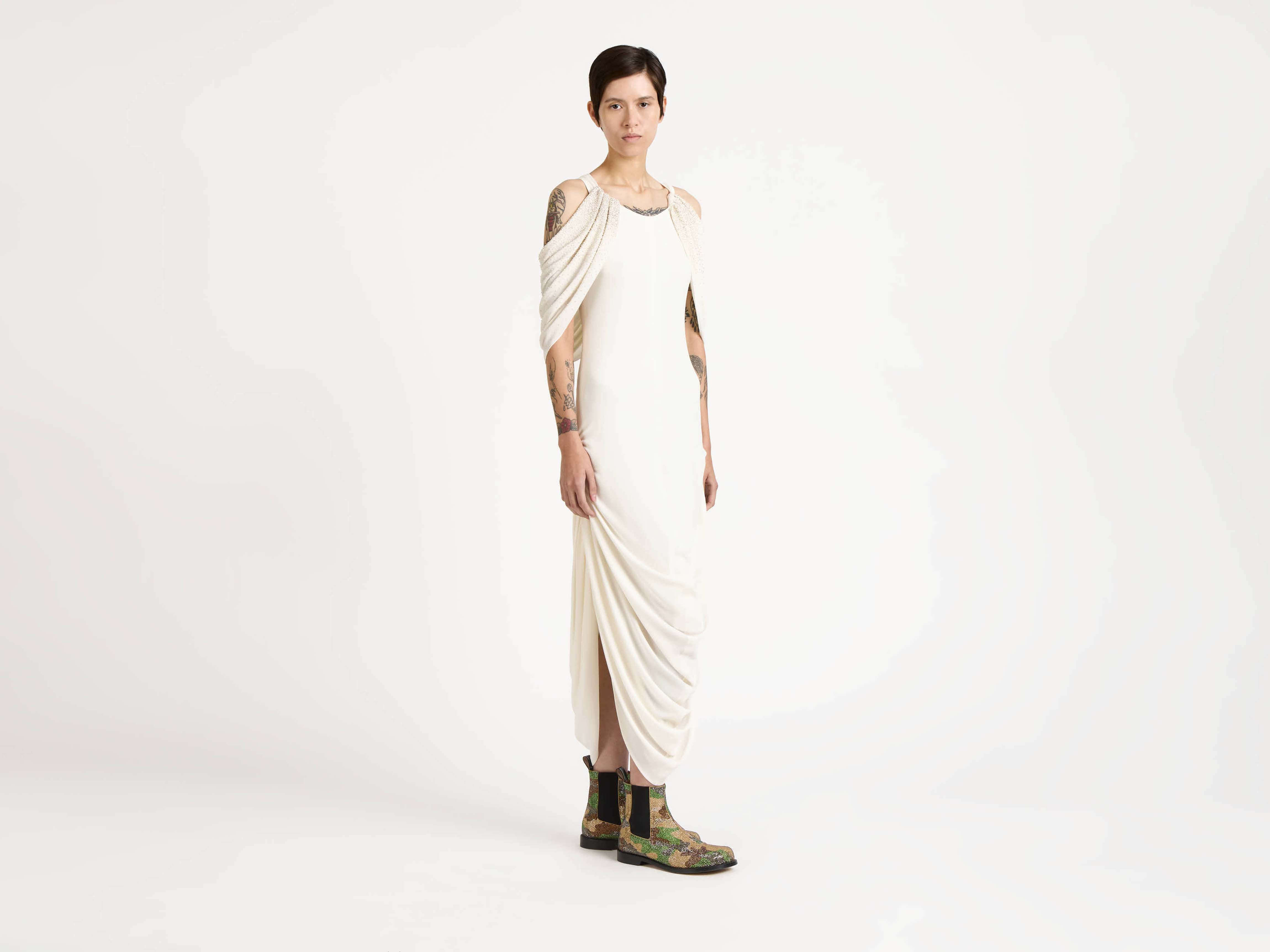 WOMENS BEADED SLEEVE MIDI DRESS IN IVORY in IVORY