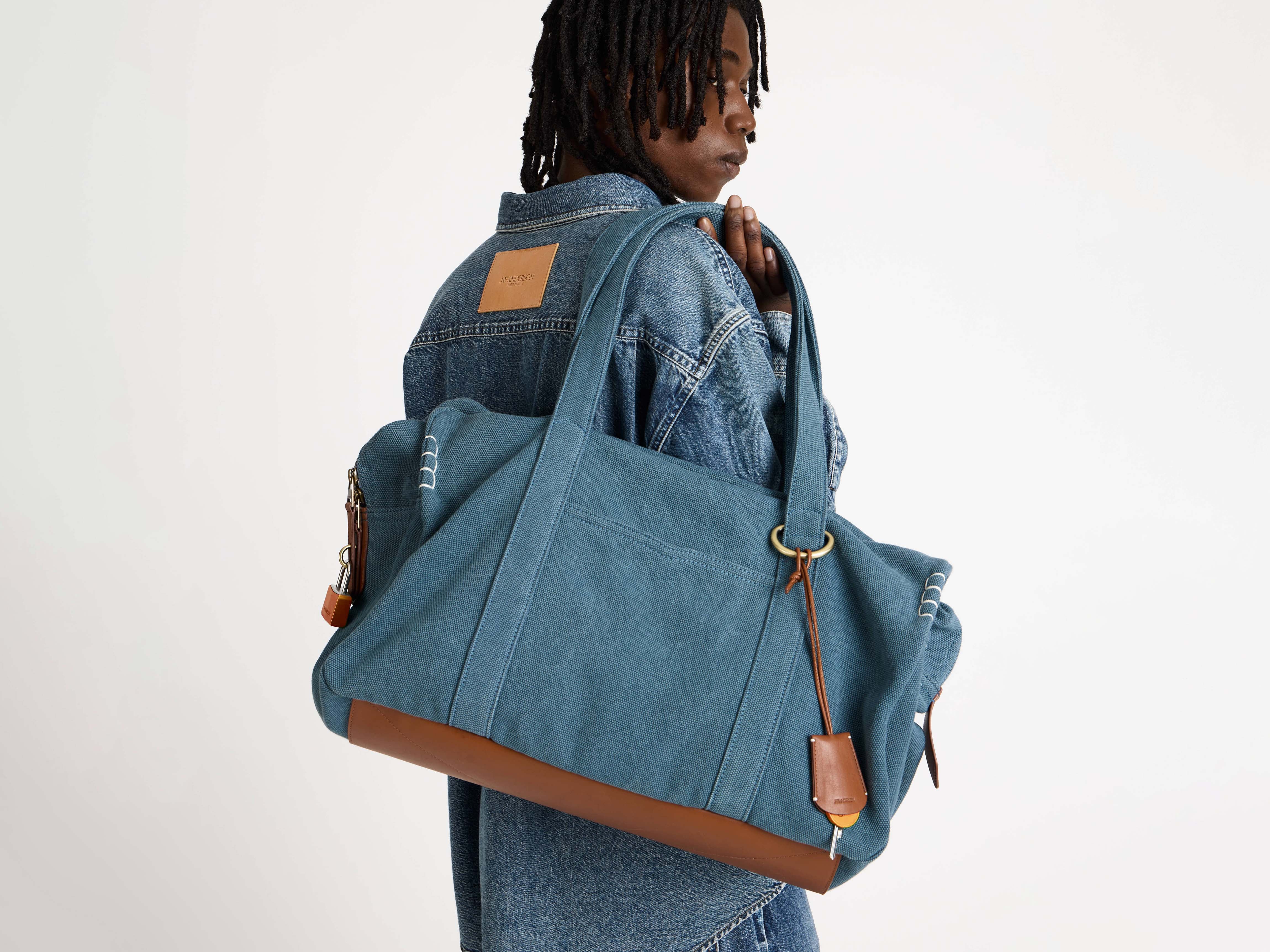 bluboon weekender overnight bag canvas genuine leather travel duffel tote WEEKENDER CANVAS TOTE BAG IN MID-BLUE in MID BLUE HB0771FA0484172O/S