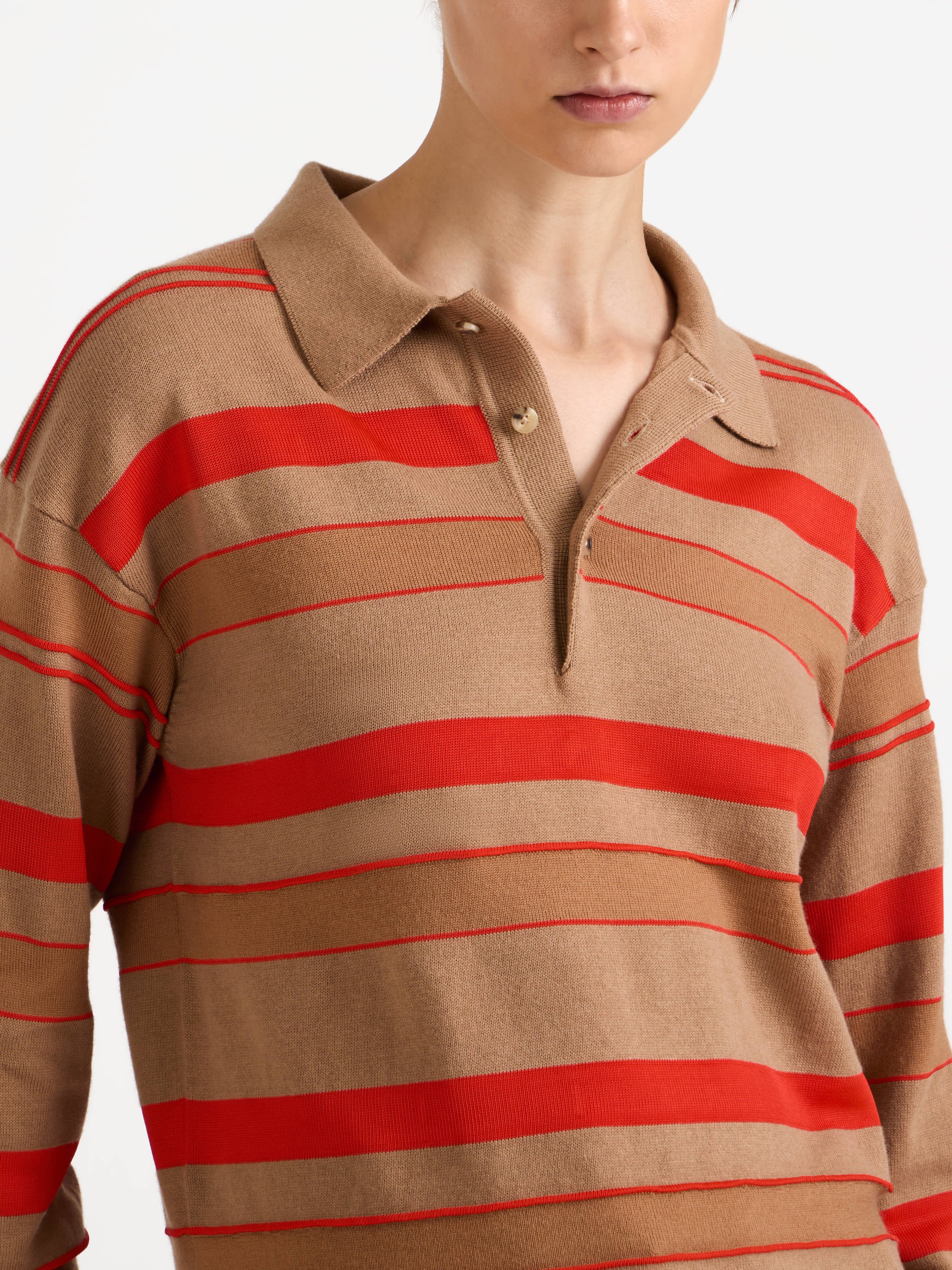 WOMENS KNITTED STRIPED RUGBY POLO TOP IN BISCUIT