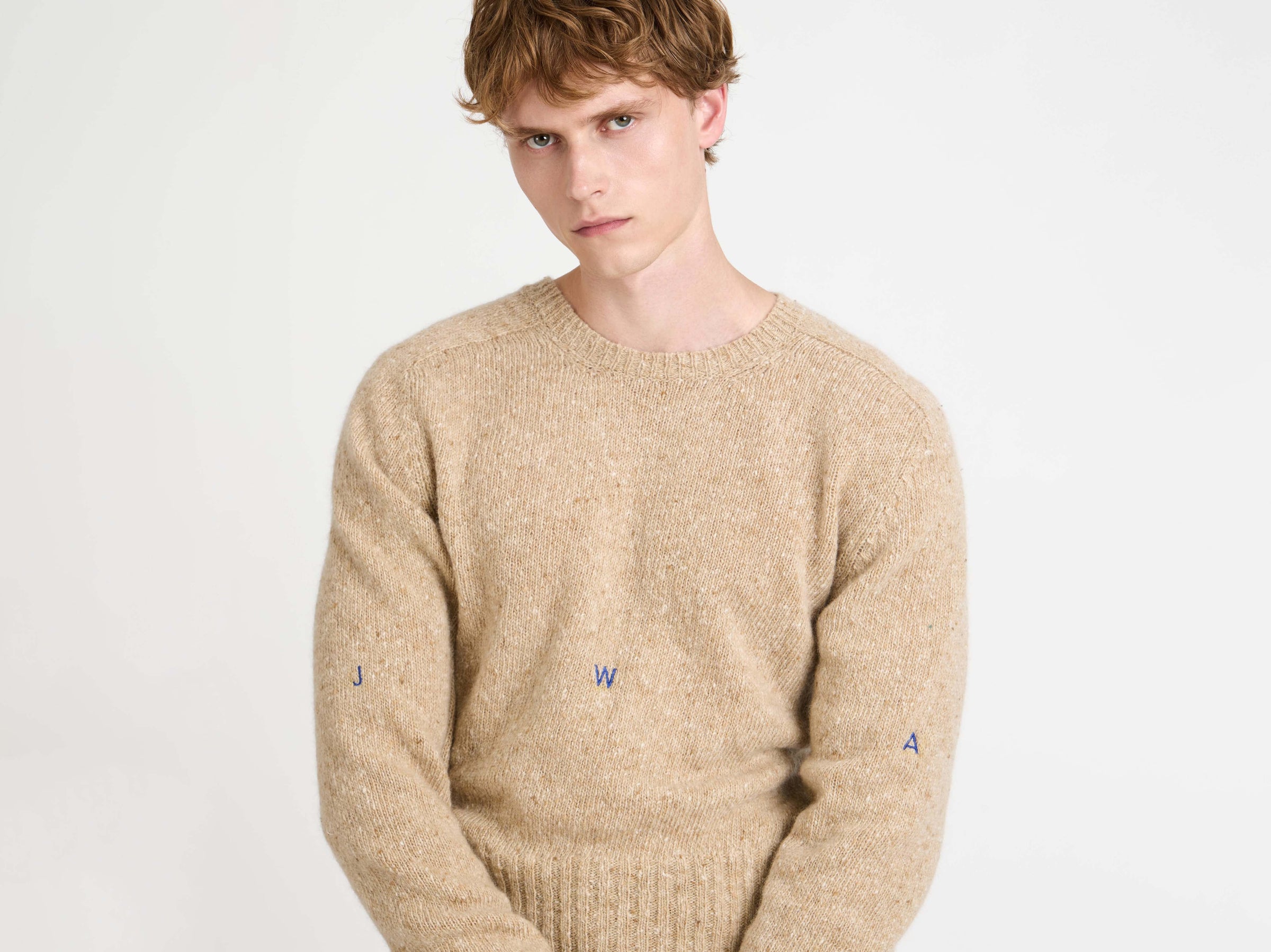 MENS SLEEVE EMBROIDERED CREW NECK JUMPER OATMEAL MELANGE