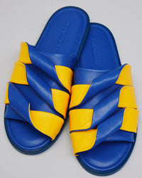 WOMENS CONTRASTING LEATHER COIL SLIDE IN BLUE & YELLOW