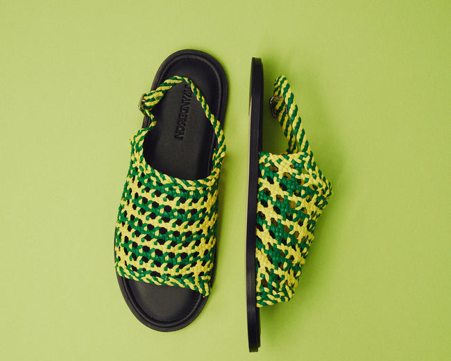 WOMENS WOVEN LEATHER SANDAL IN GREEN & BRIGHT YELLOW