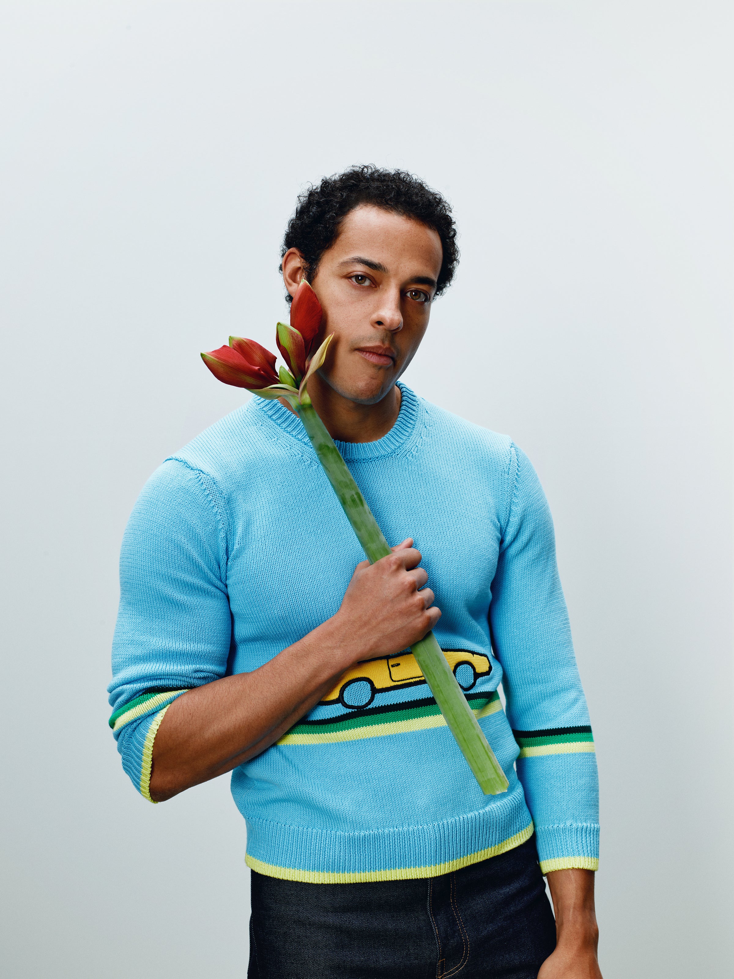 MENS CROCHETED CAR JUMPER IN SKY BLUE