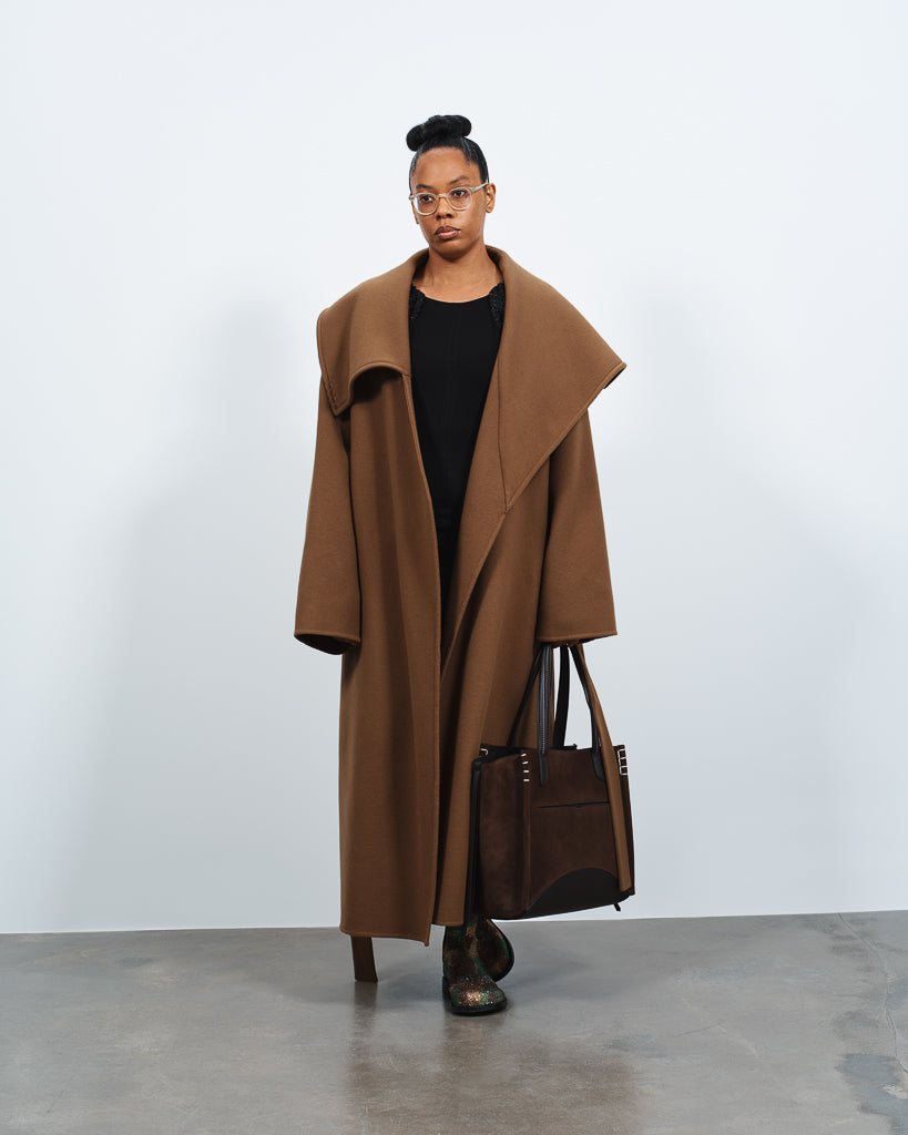 WOMENS LONGLINE WRAP FRONT COAT IN CUMIN in CUMIN