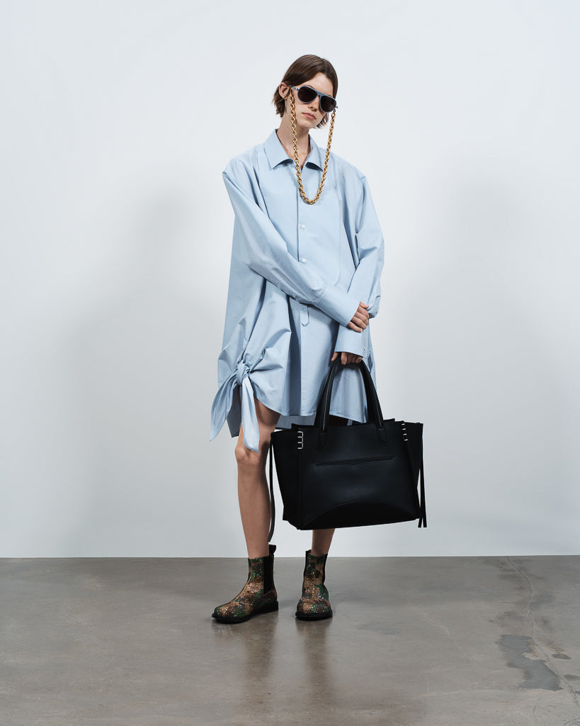KNOTTED DETAIL SILK SHIRT DRESS IN POWDER BLUE