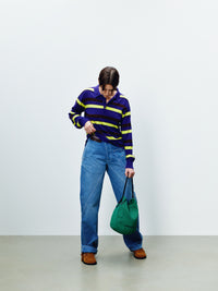 WOMENS KNITTED STRIPED RUGBY POLO TOP IN ULTRAVIOLET