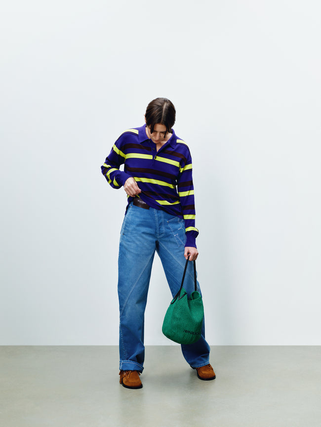 WOMENS KNITTED STRIPED RUGBY POLO TOP IN ULTRAVIOLET