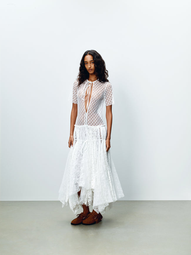 WOMENS MIXED LACE LONGLINE DRESS IN WHITE