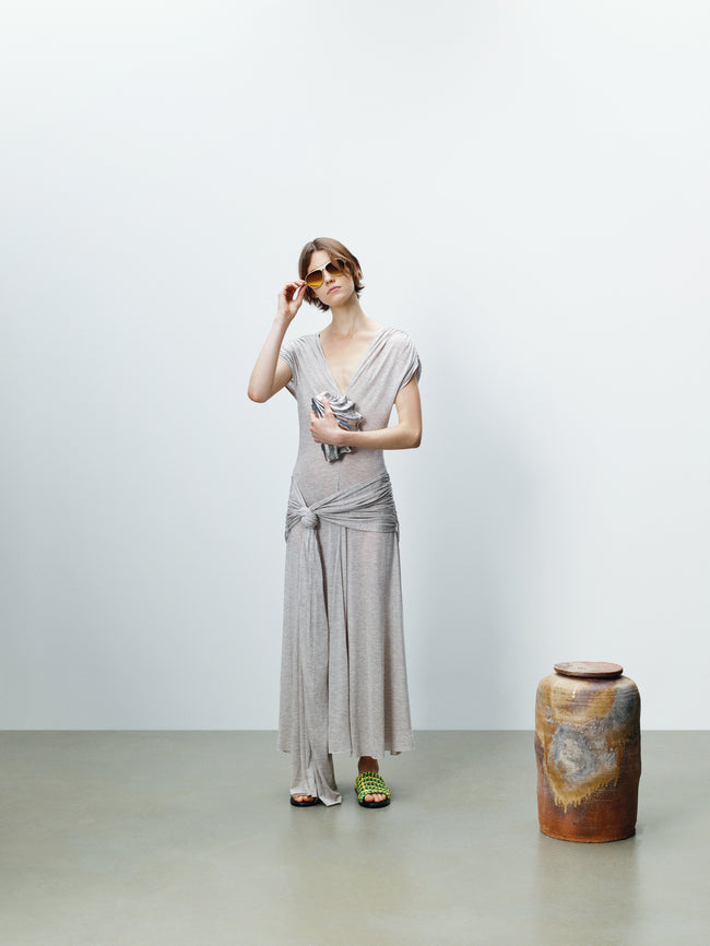 WOMENS KNOTTED WAIST LONGLINE DRESS IN OATMEAL MELANGE
