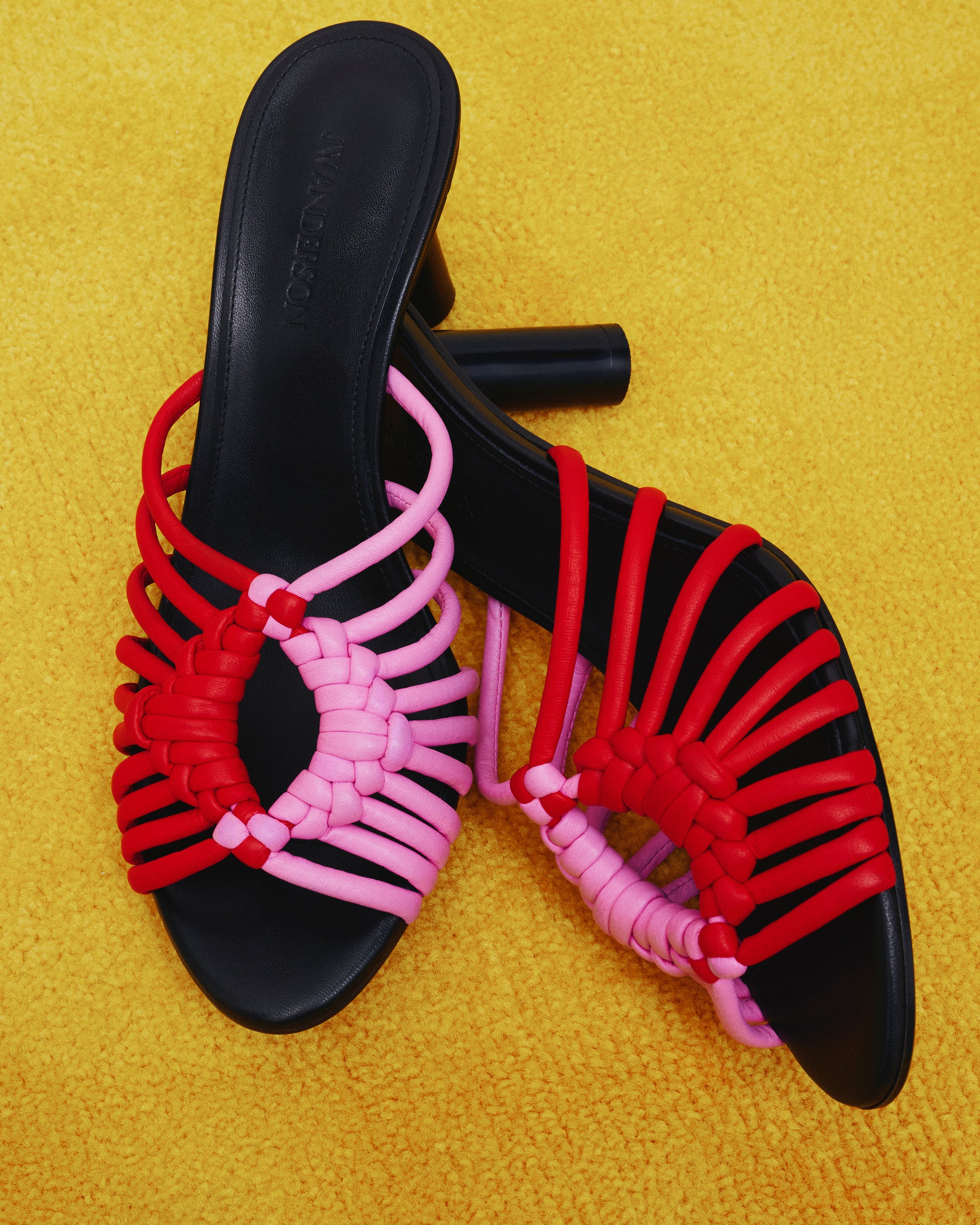 WOMENS WOVEN HEELED LEATHER PLOT SANDAL IN RED & BUBBLEGUM PINK