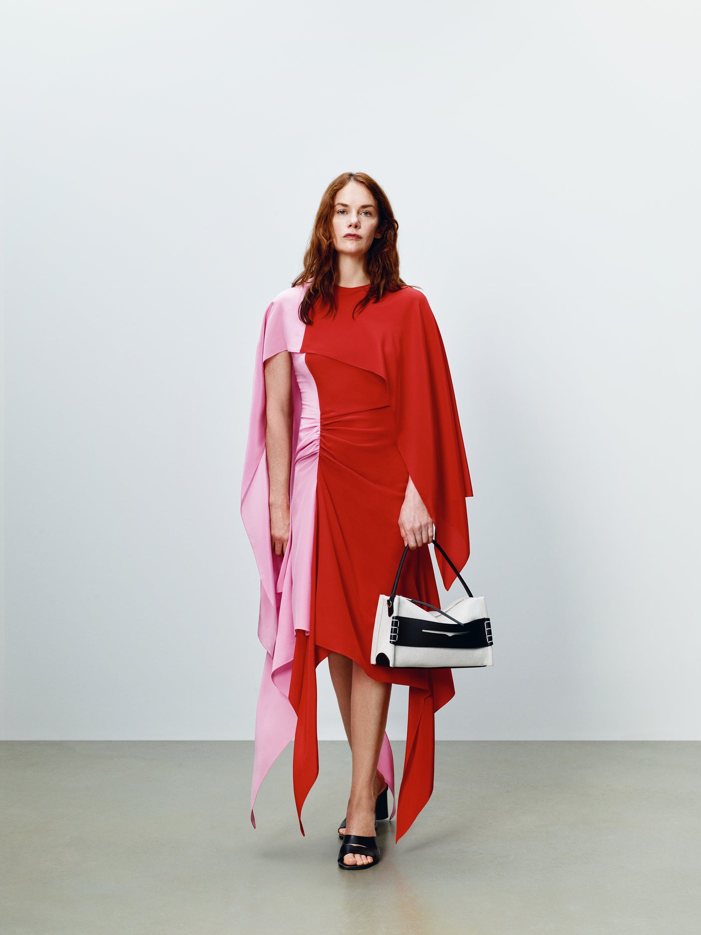 WOMENS CAPE SILK DRESS IN RED & BUBBLEGUM PINK