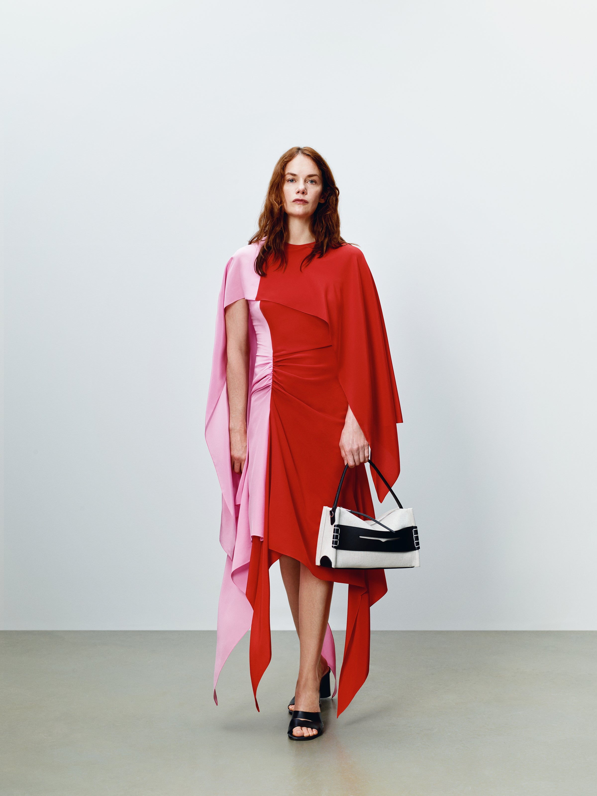 WOMENS CAPE SILK DRESS IN RED & BUBBLEGUM PINK