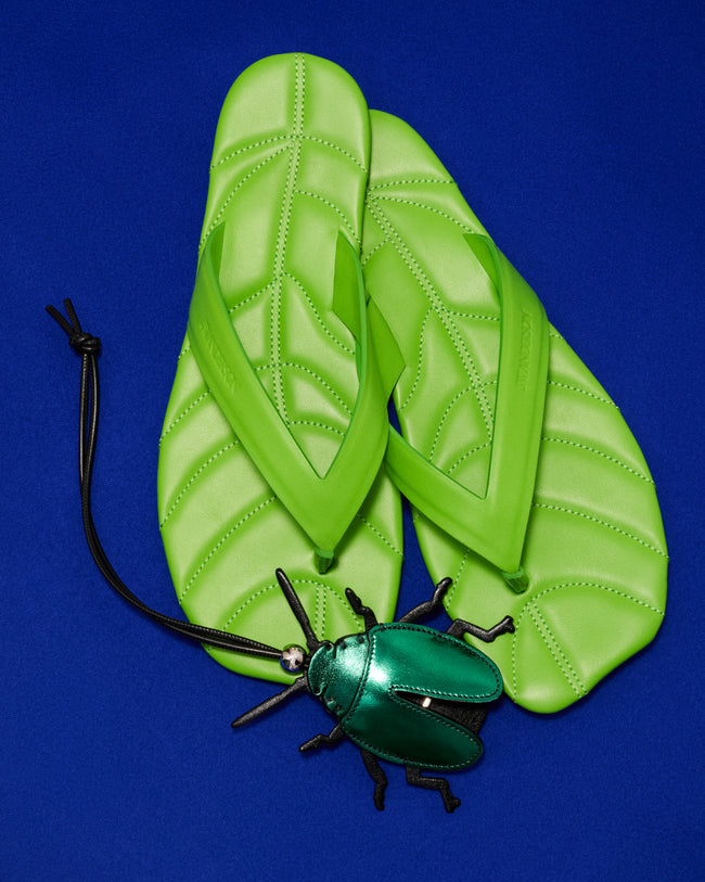 WOMENS LEATHER LEAF SLIDES IN LIME