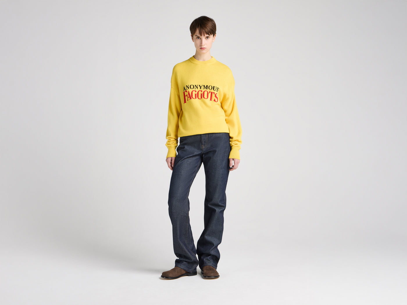 WOMENS 'ANONYMOUS FAGGOTS' JUMPER IN BRIGHT YELLOW
