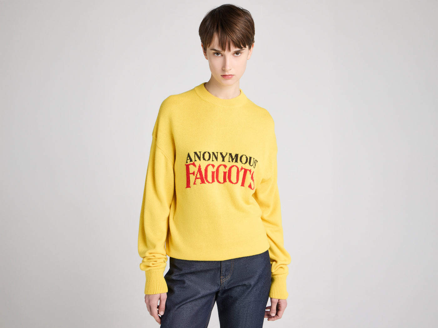 WOMENS 'ANONYMOUS FAGGOTS' JUMPER IN BRIGHT YELLOW