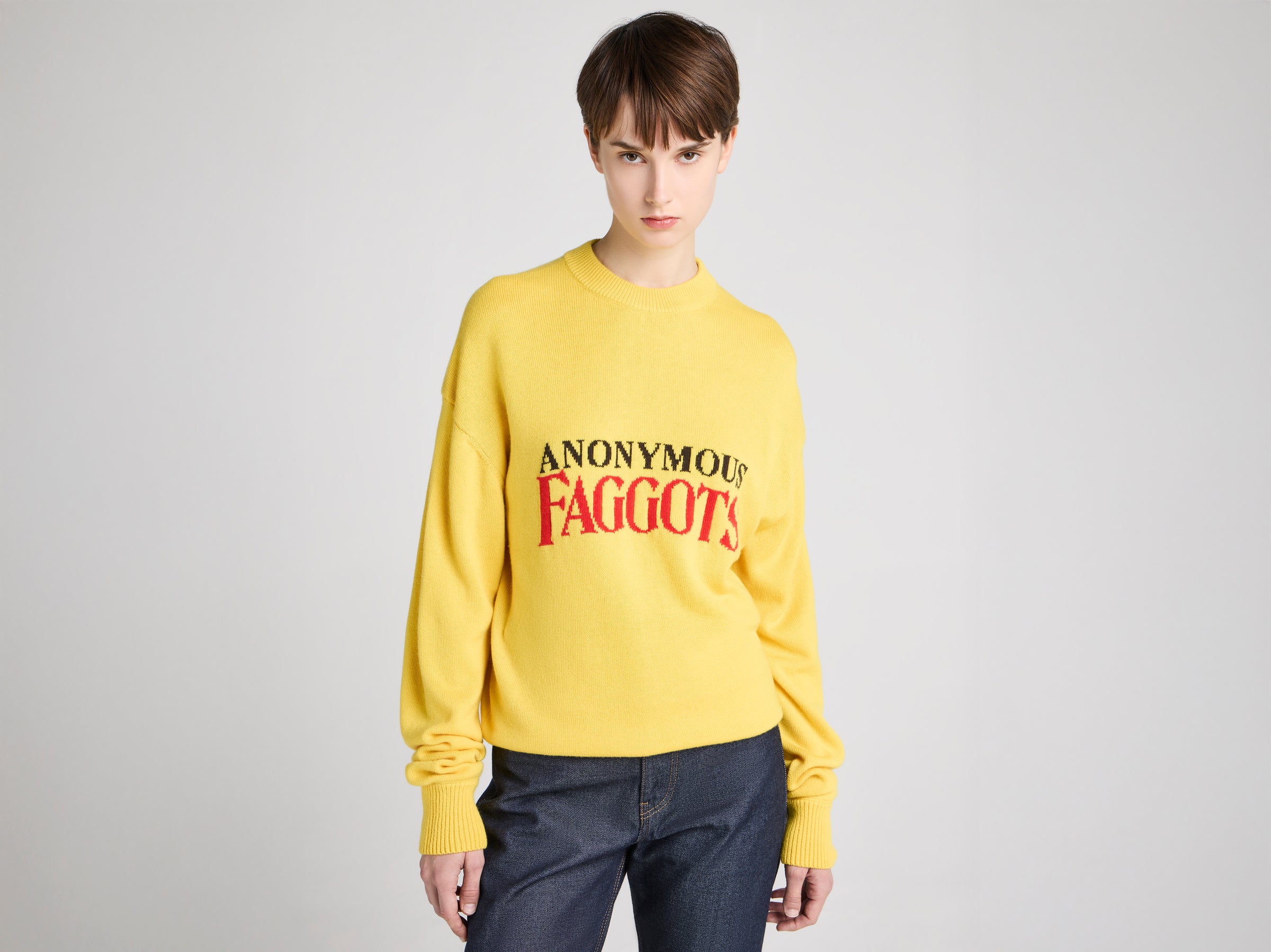 WOMENS 'ANONYMOUS FAGGOTS' JUMPER IN BRIGHT YELLOW