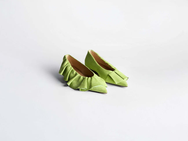 WOMENS RUFFLE BALLERINA FLATS IN LIME GREEN