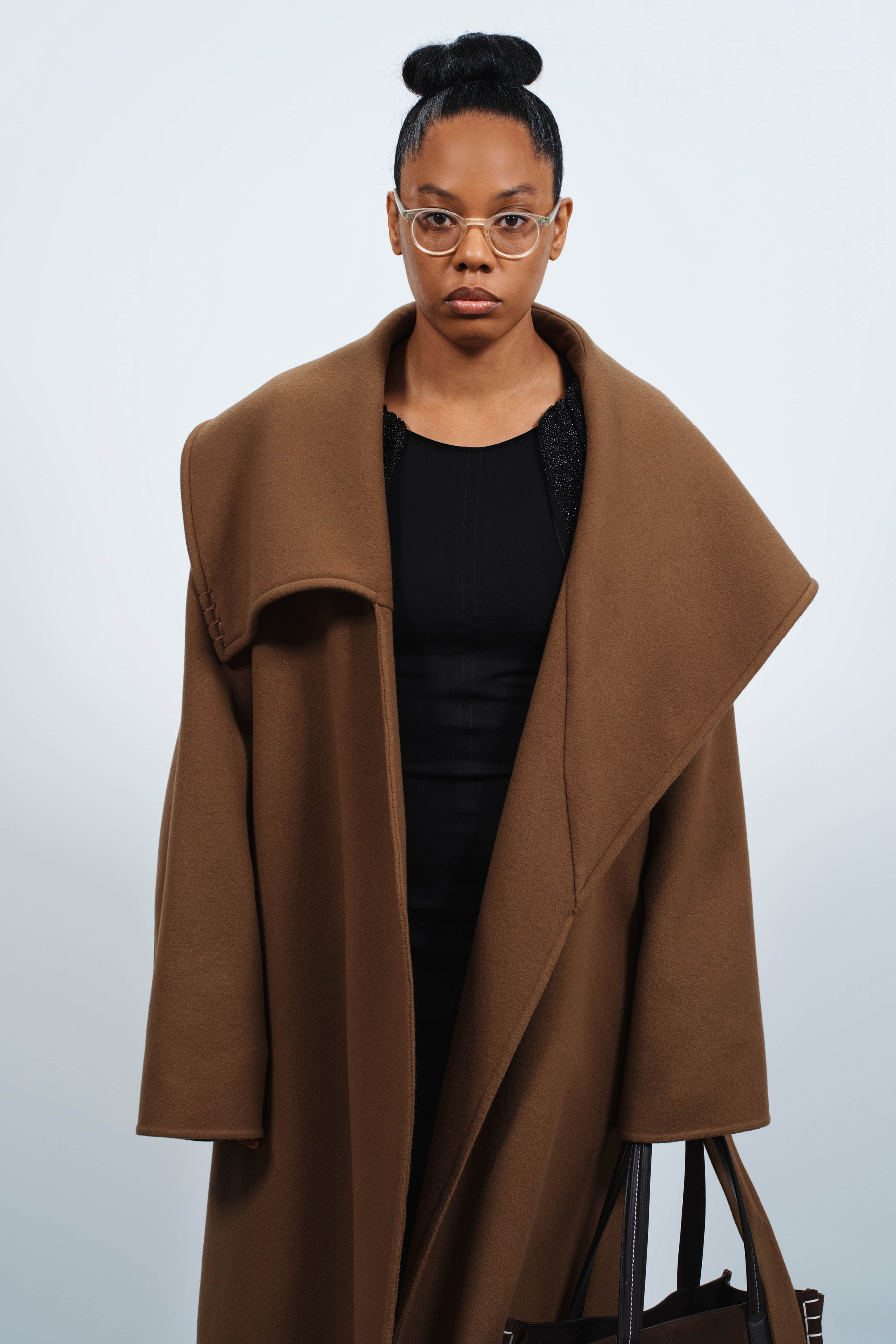 WOMENS LONGLINE WRAP FRONT COAT IN CUMIN in CUMIN