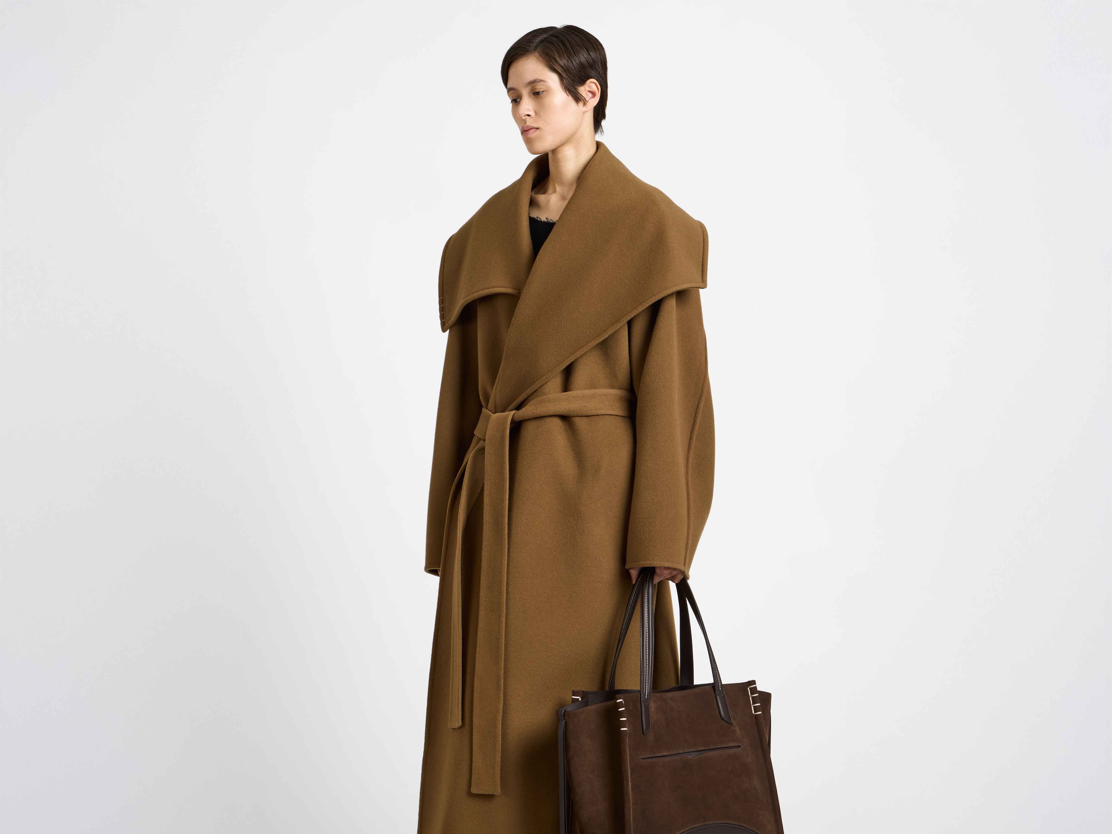 WOMENS LONGLINE WRAP FRONT COAT IN CUMIN in CUMIN