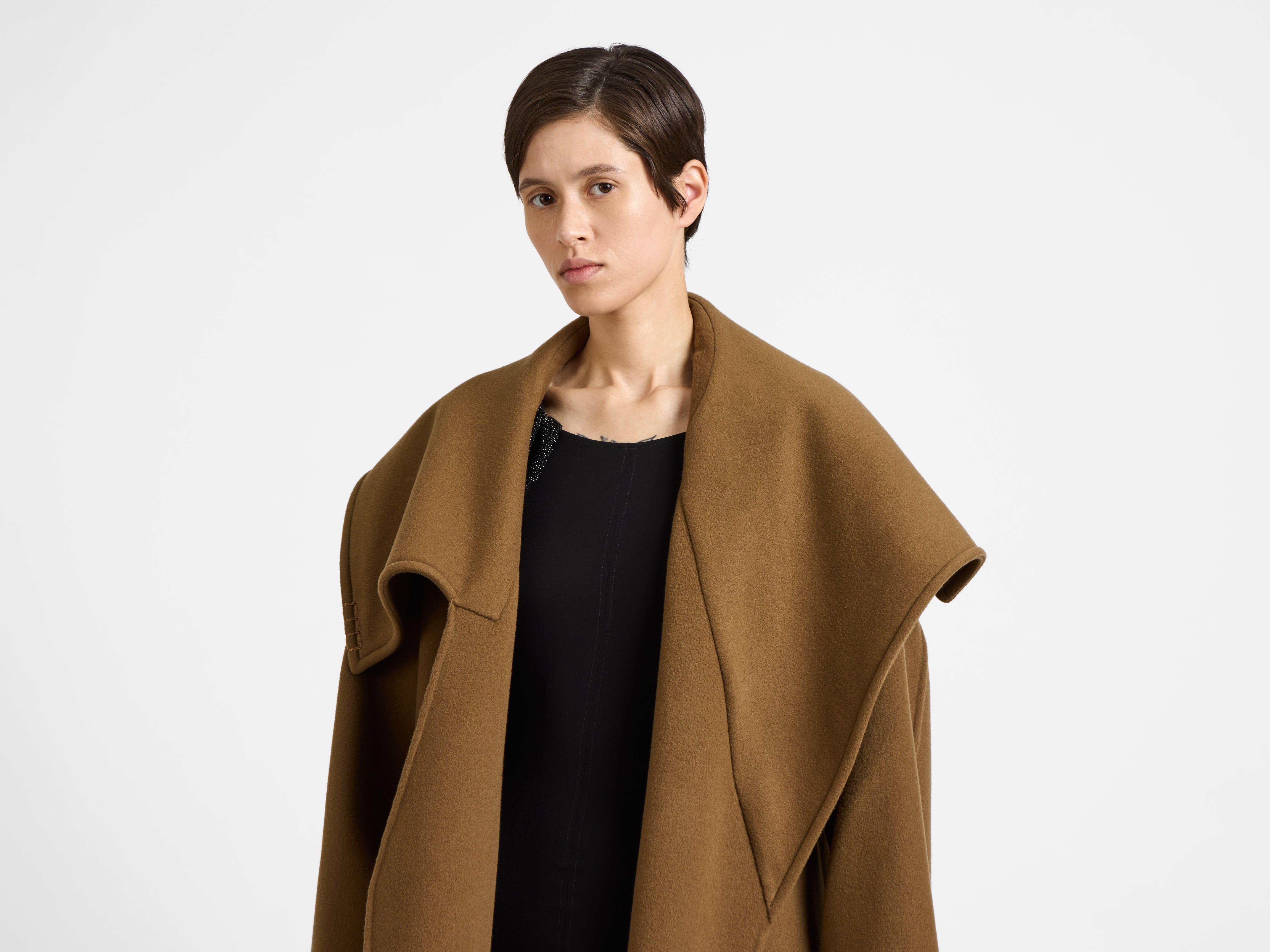 WOMENS LONGLINE WRAP FRONT COAT IN CUMIN in CUMIN