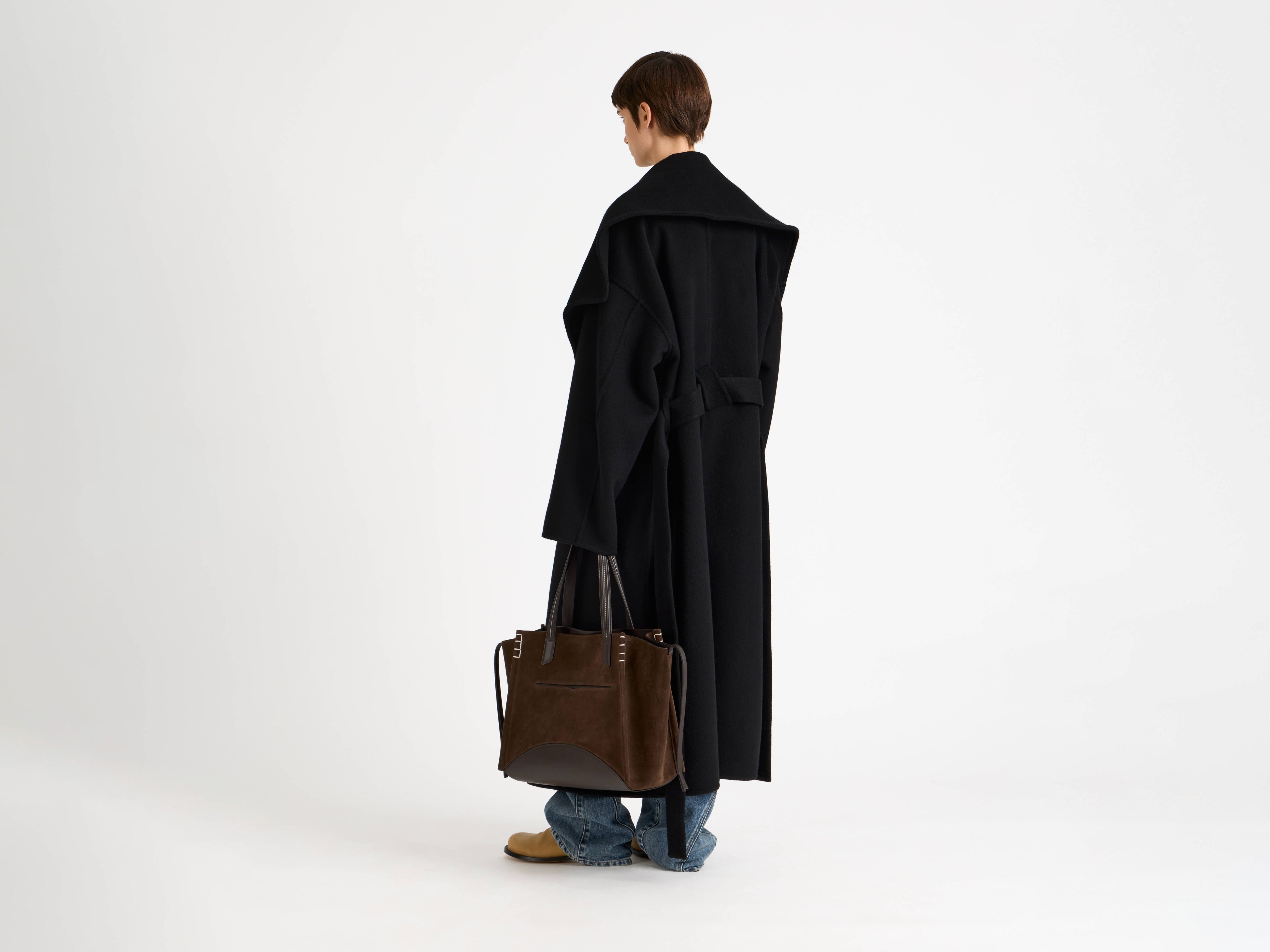 WOMENS LONGLINE WRAP FRONT COAT IN BLACK in BLACK