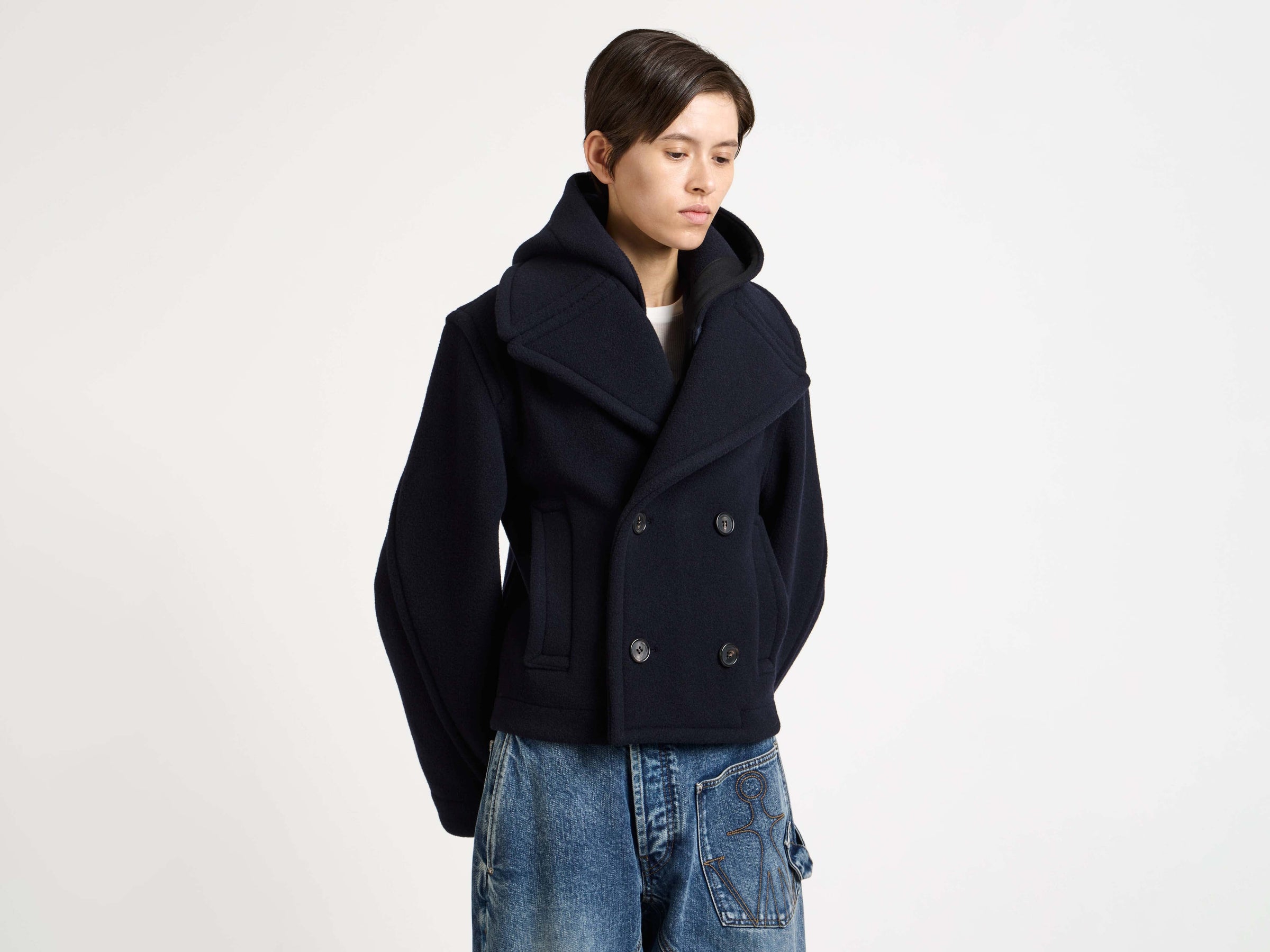 cropped hooded coat navy Model Detail 6