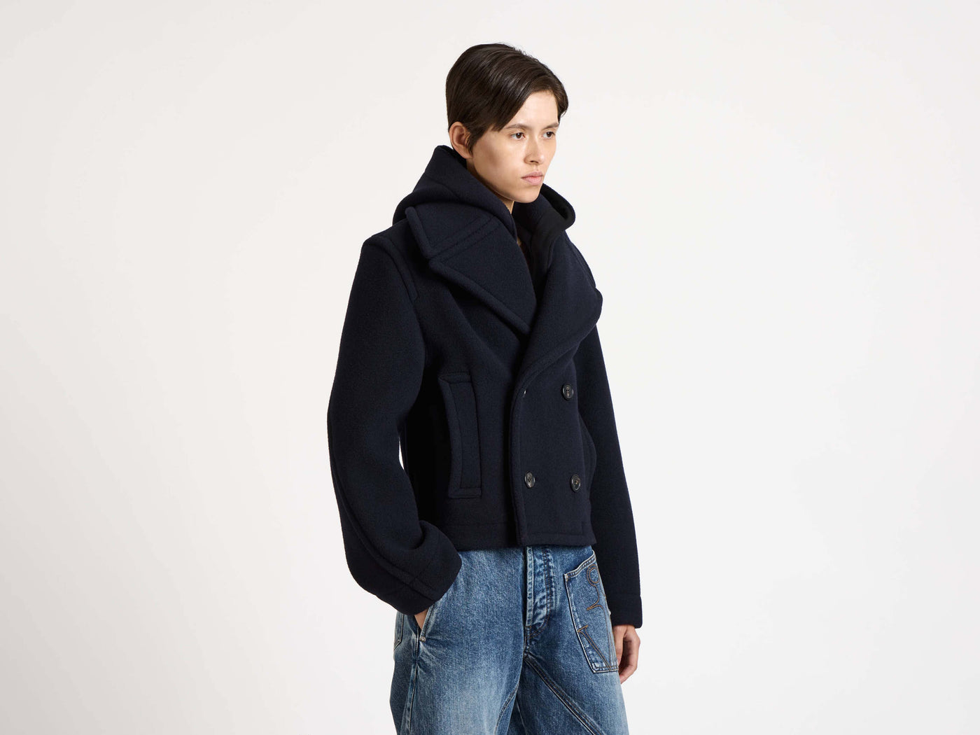 cropped hooded coat navy Model Detail 2