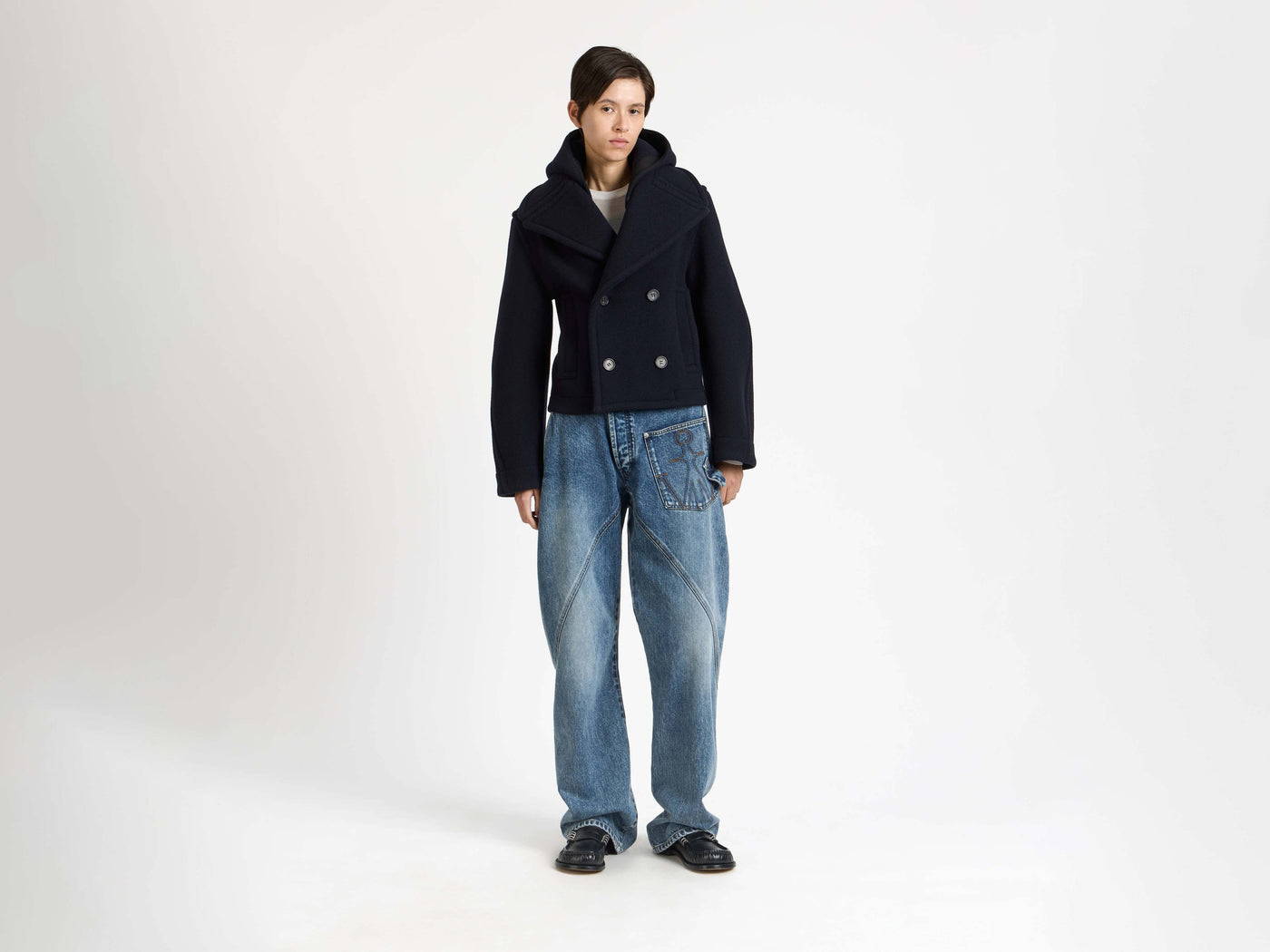 cropped hooded coat navy Model Front 3
