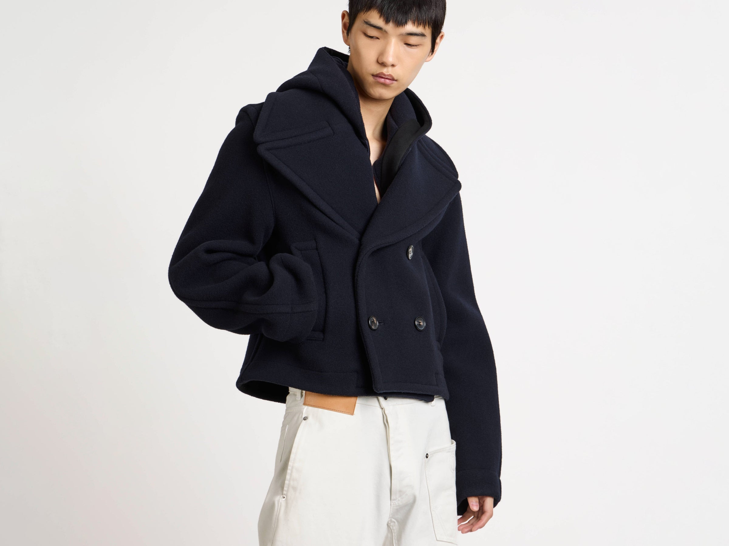 cropped hooded coat navy 1 Model Detail 6