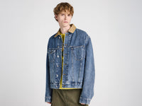 MENS CORDUROY COLLAR DENIM JACKET IN MID-BLUE