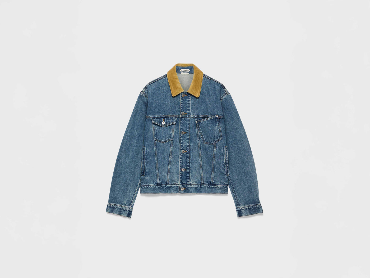 MENS CORDUROY COLLAR DENIM JACKET IN MID-BLUE