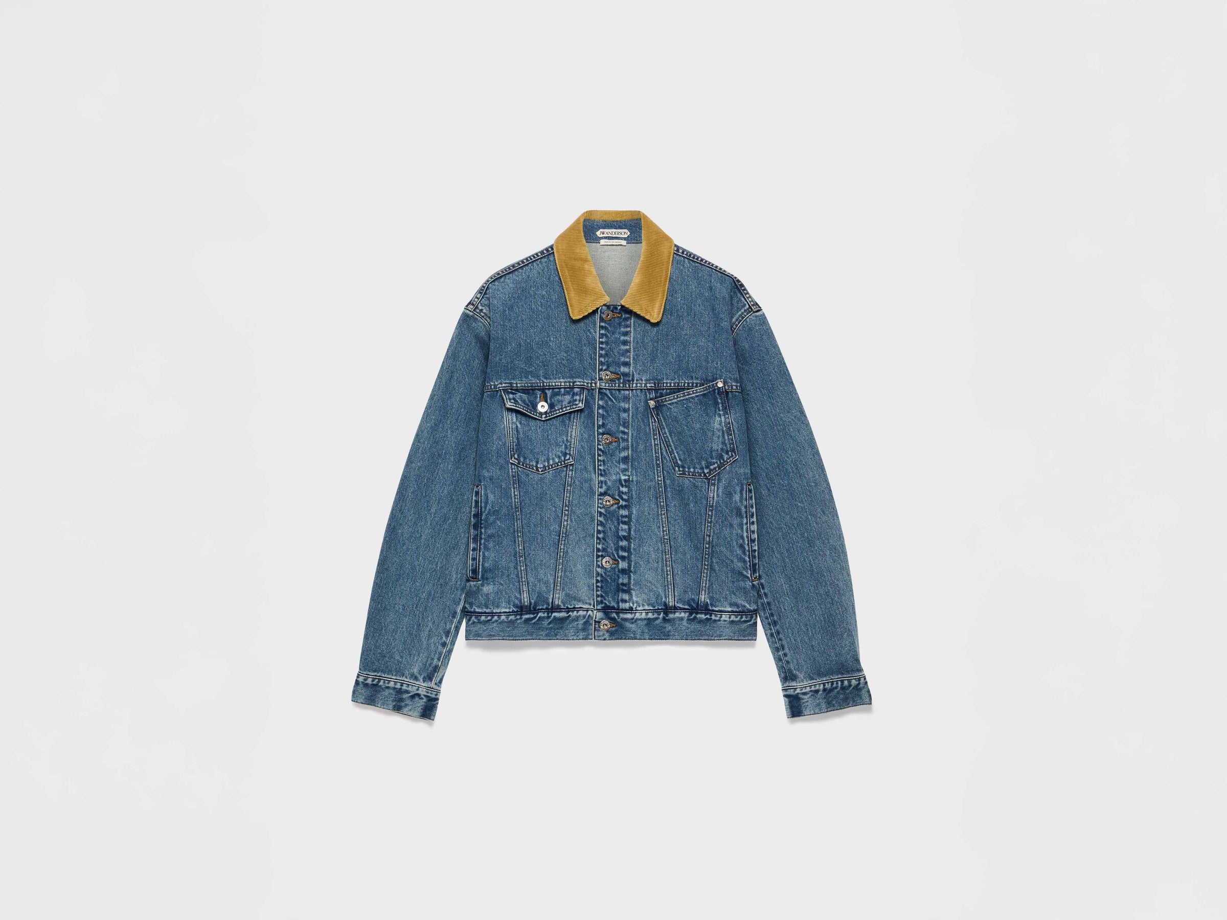 MENS CORDUROY COLLAR DENIM JACKET IN MID-BLUE