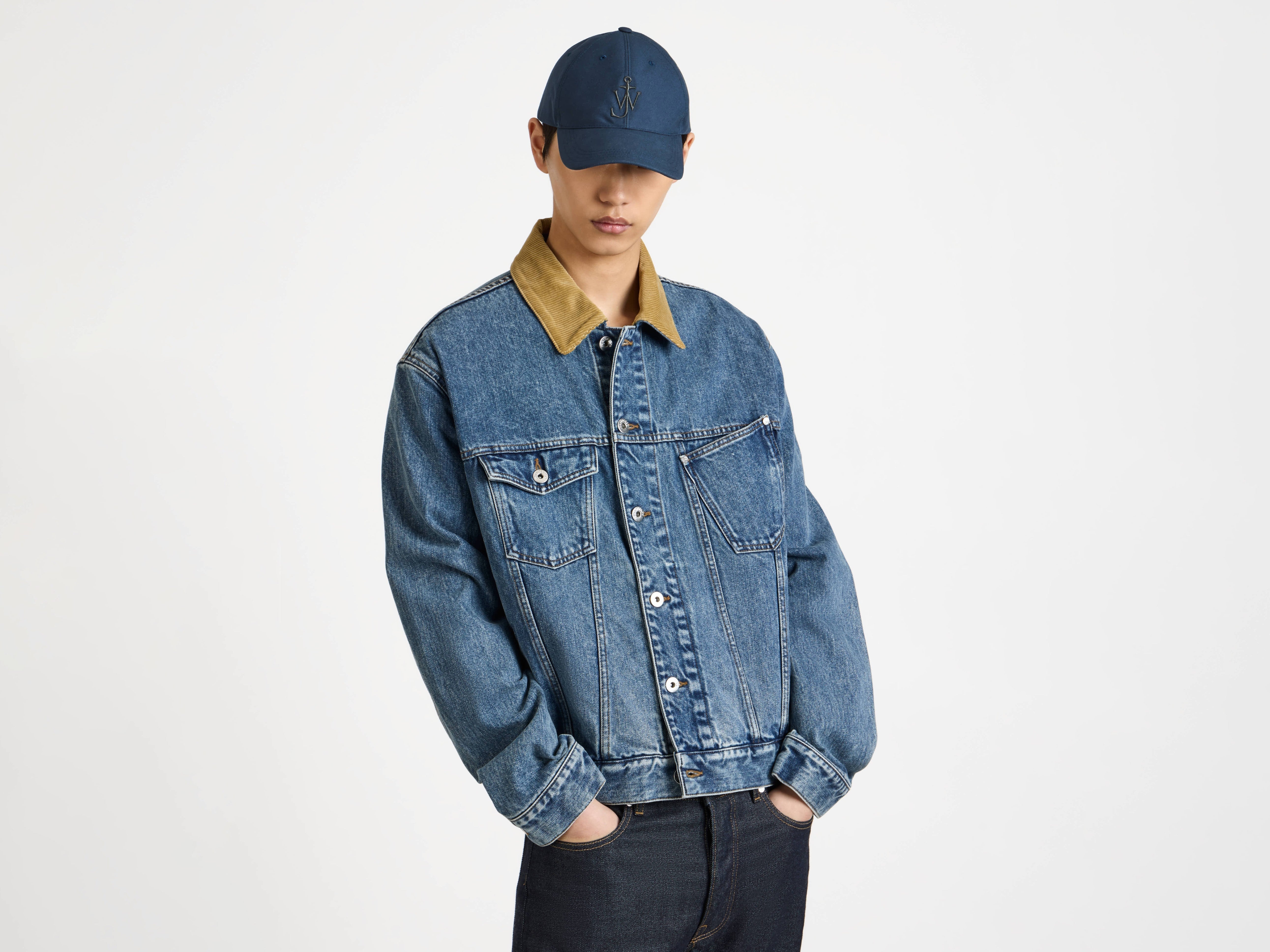 MENS CORDUROY COLLAR DENIM JACKET IN MID-BLUE in MID BLUE
