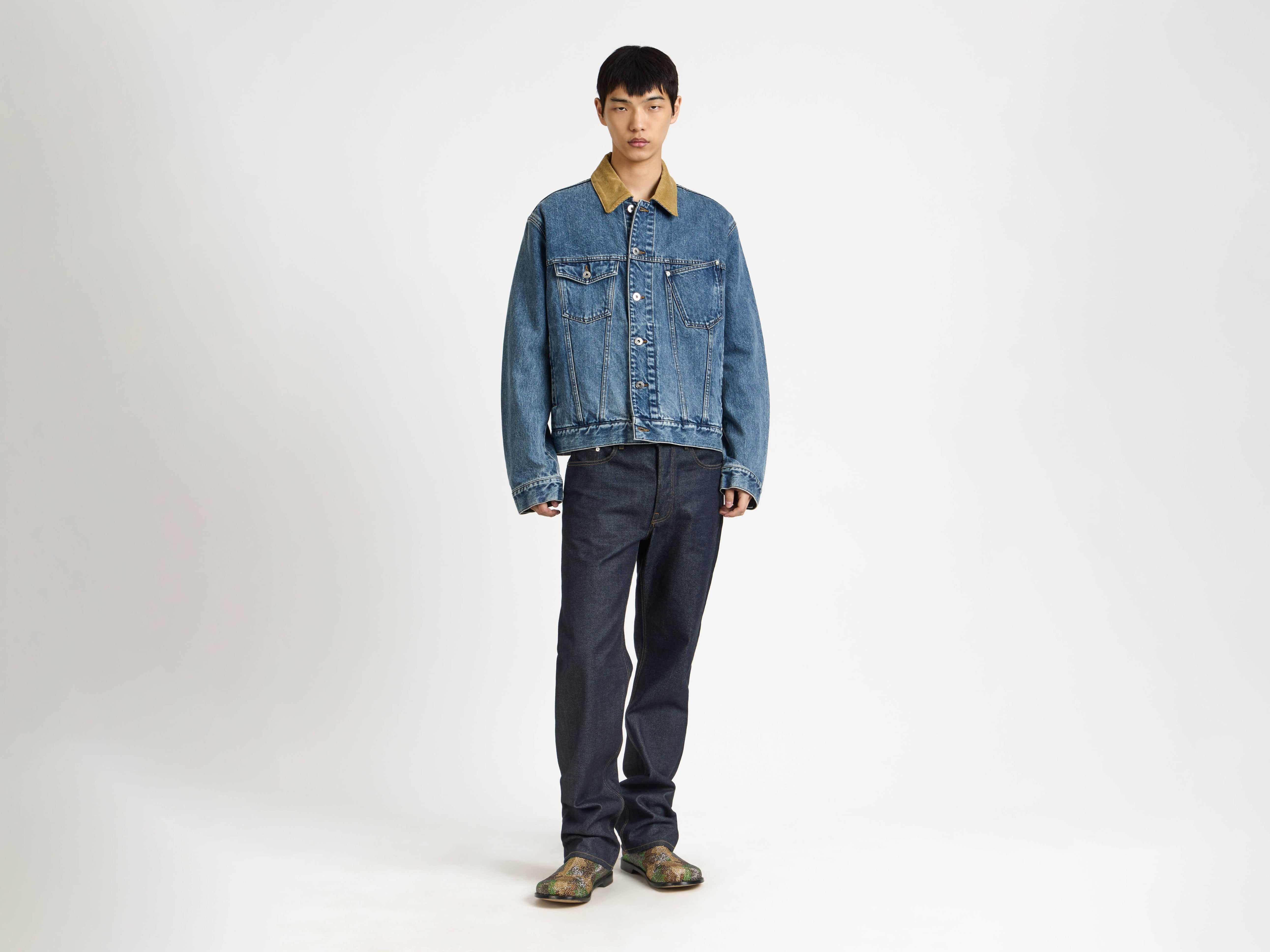 MENS CORDUROY COLLAR DENIM JACKET IN MID-BLUE in MID BLUE