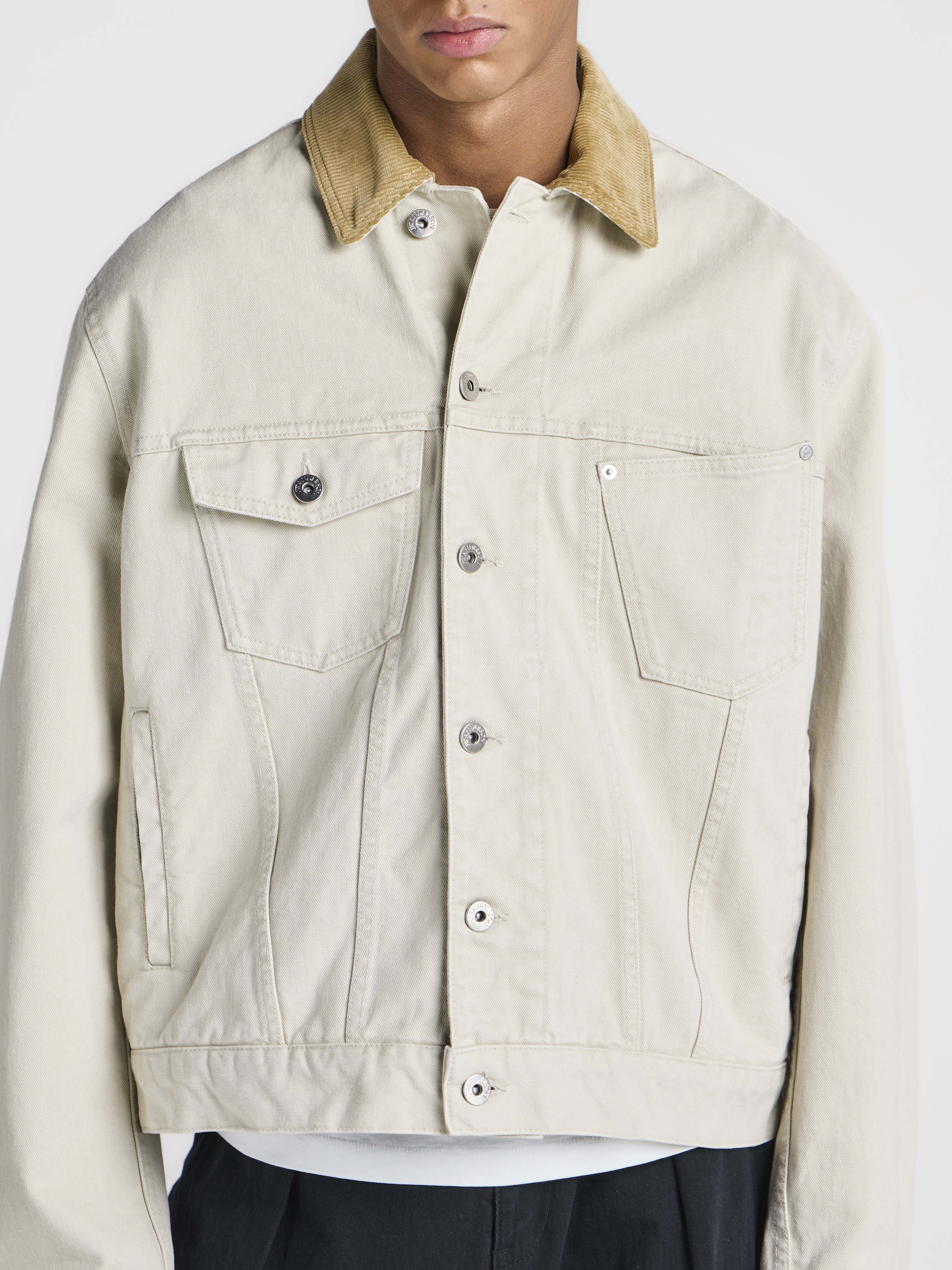 MENS CORDUROY COLLAR DENIM JACKET IN ECRU in ECRU
