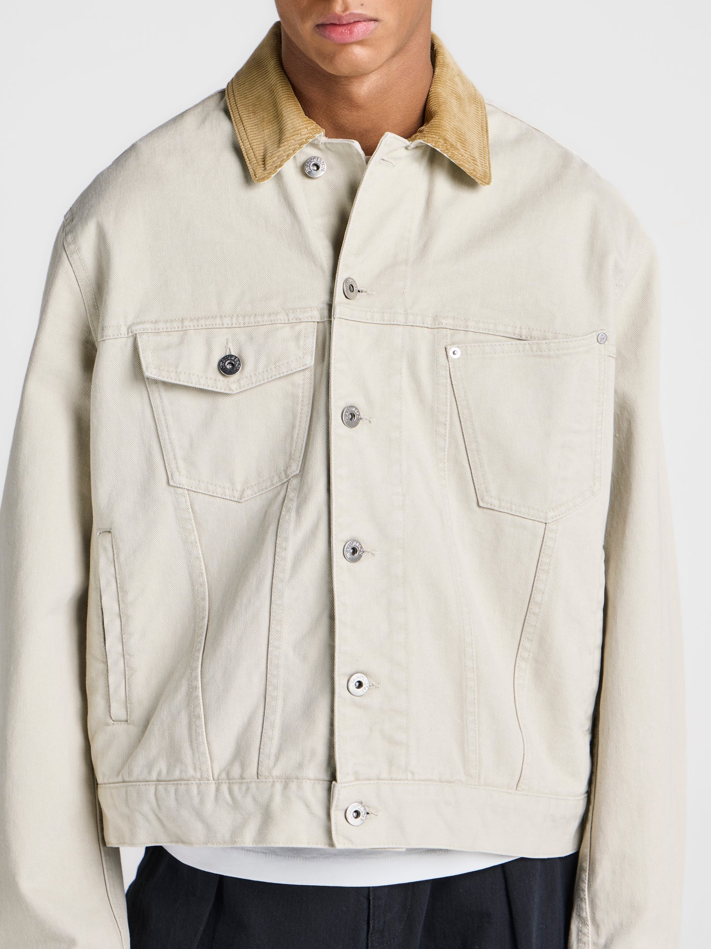 MENS CORDUROY COLLAR DENIM JACKET IN ECRU
