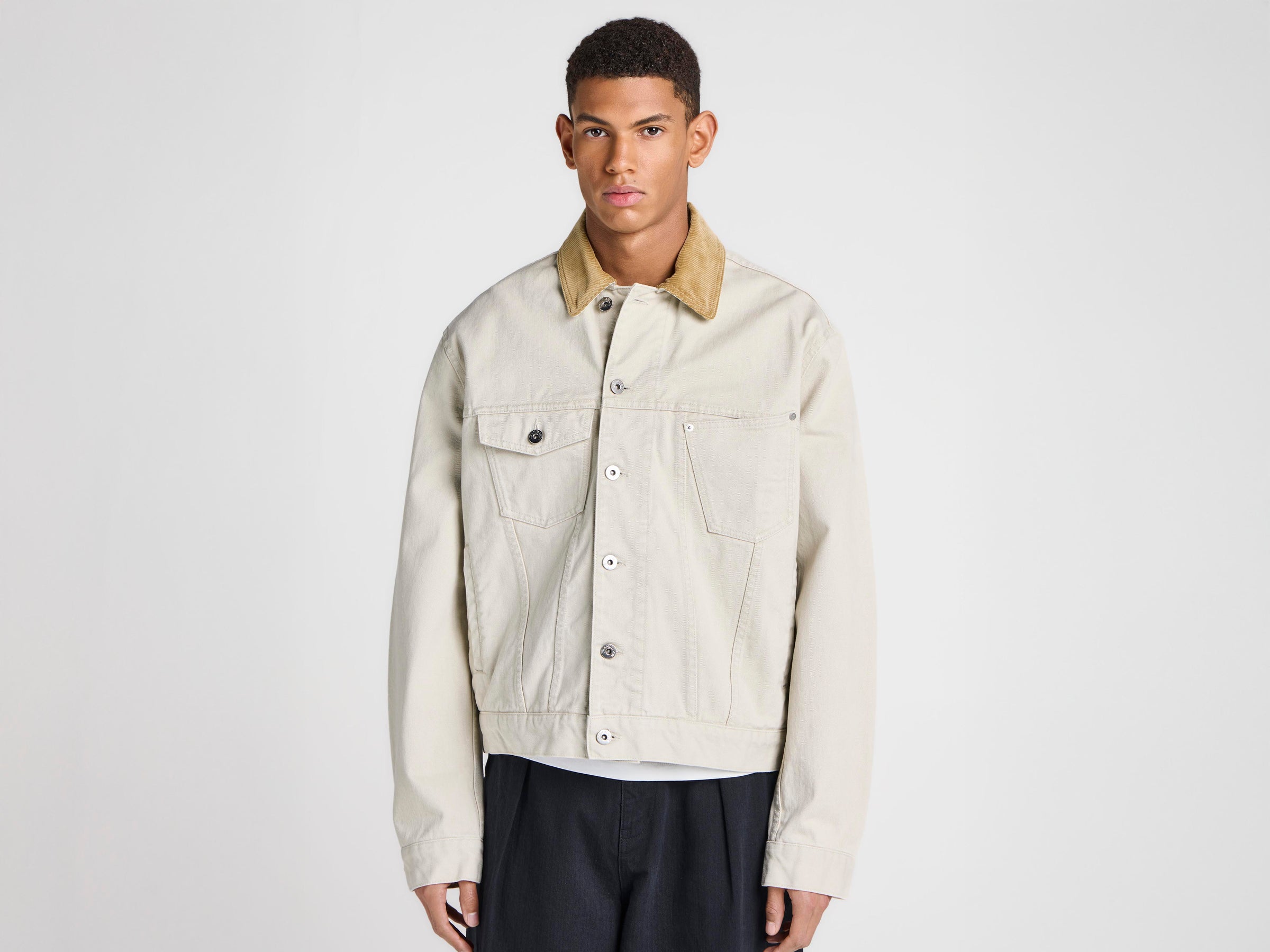 MENS CORDUROY COLLAR DENIM JACKET IN ECRU