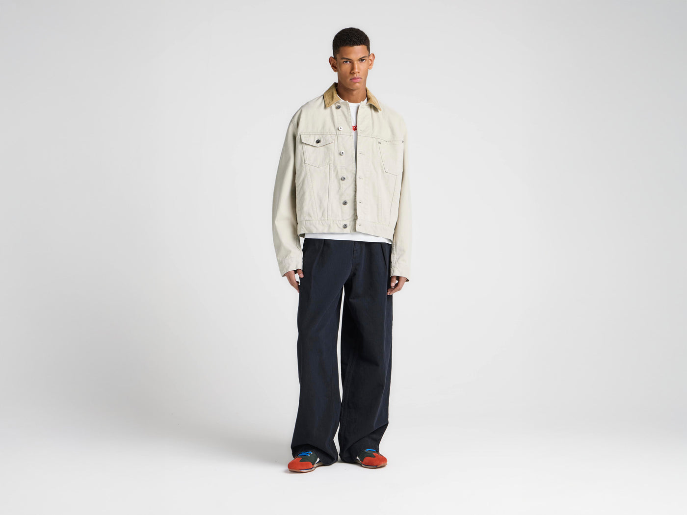 MENS CORDUROY COLLAR DENIM JACKET IN ECRU