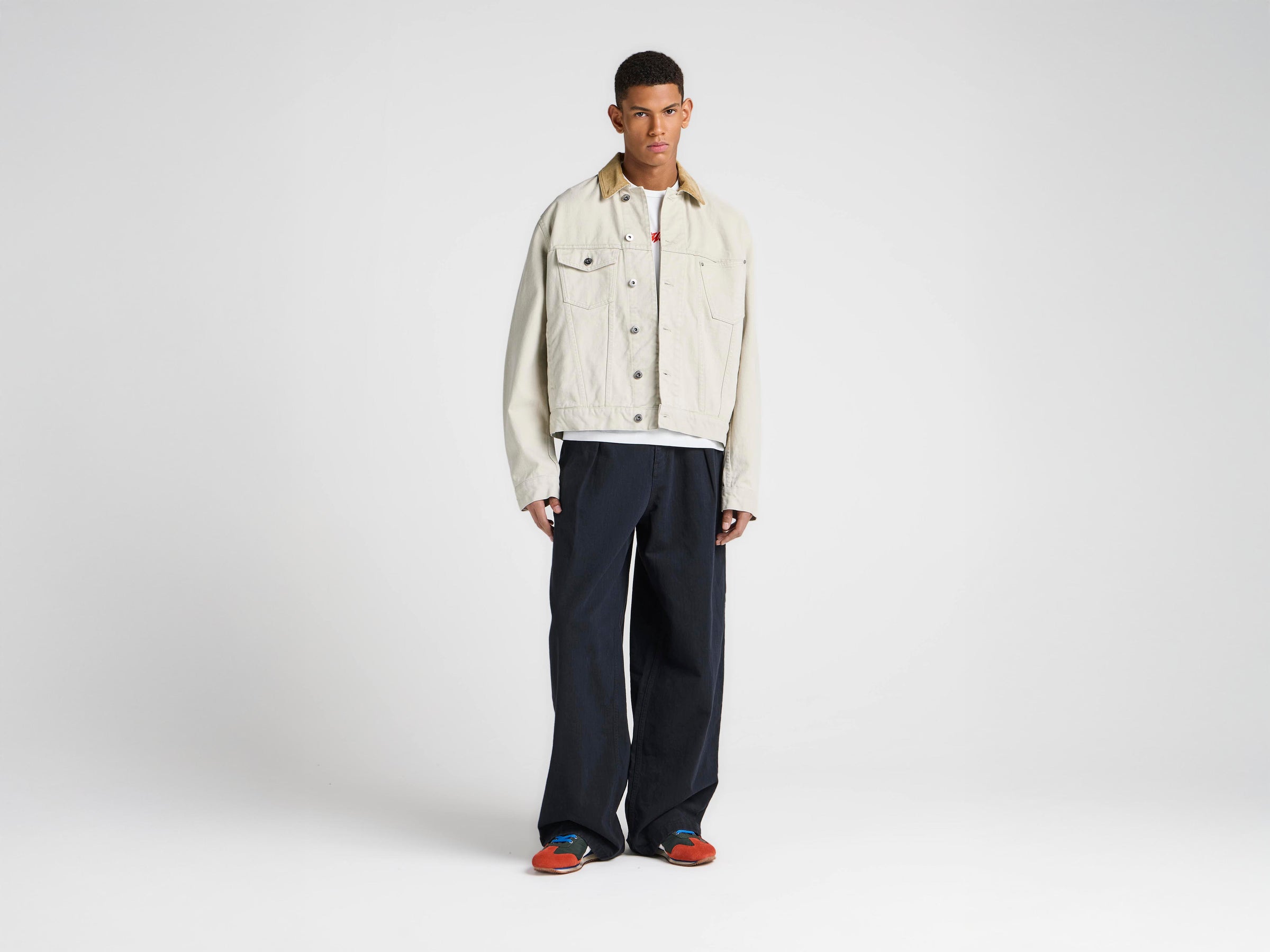 MENS CORDUROY COLLAR DENIM JACKET IN ECRU