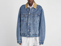 WOMENS CORDUROY COLLAR DENIM JACKET IN MID-BLUE