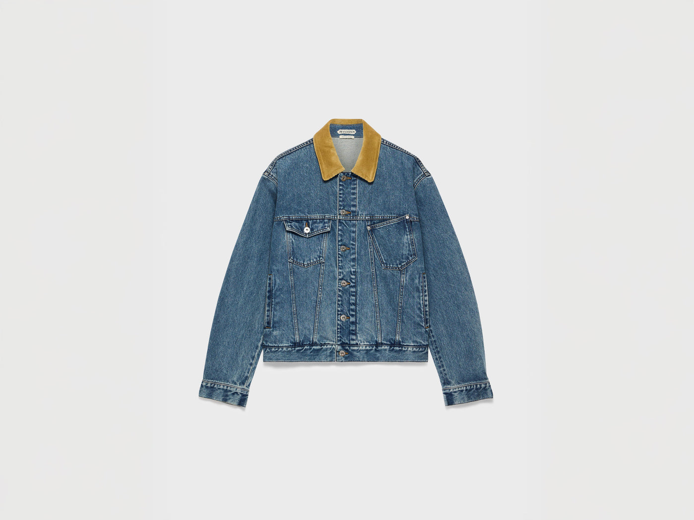 WOMENS CORDUROY COLLAR DENIM JACKET IN MID-BLUE