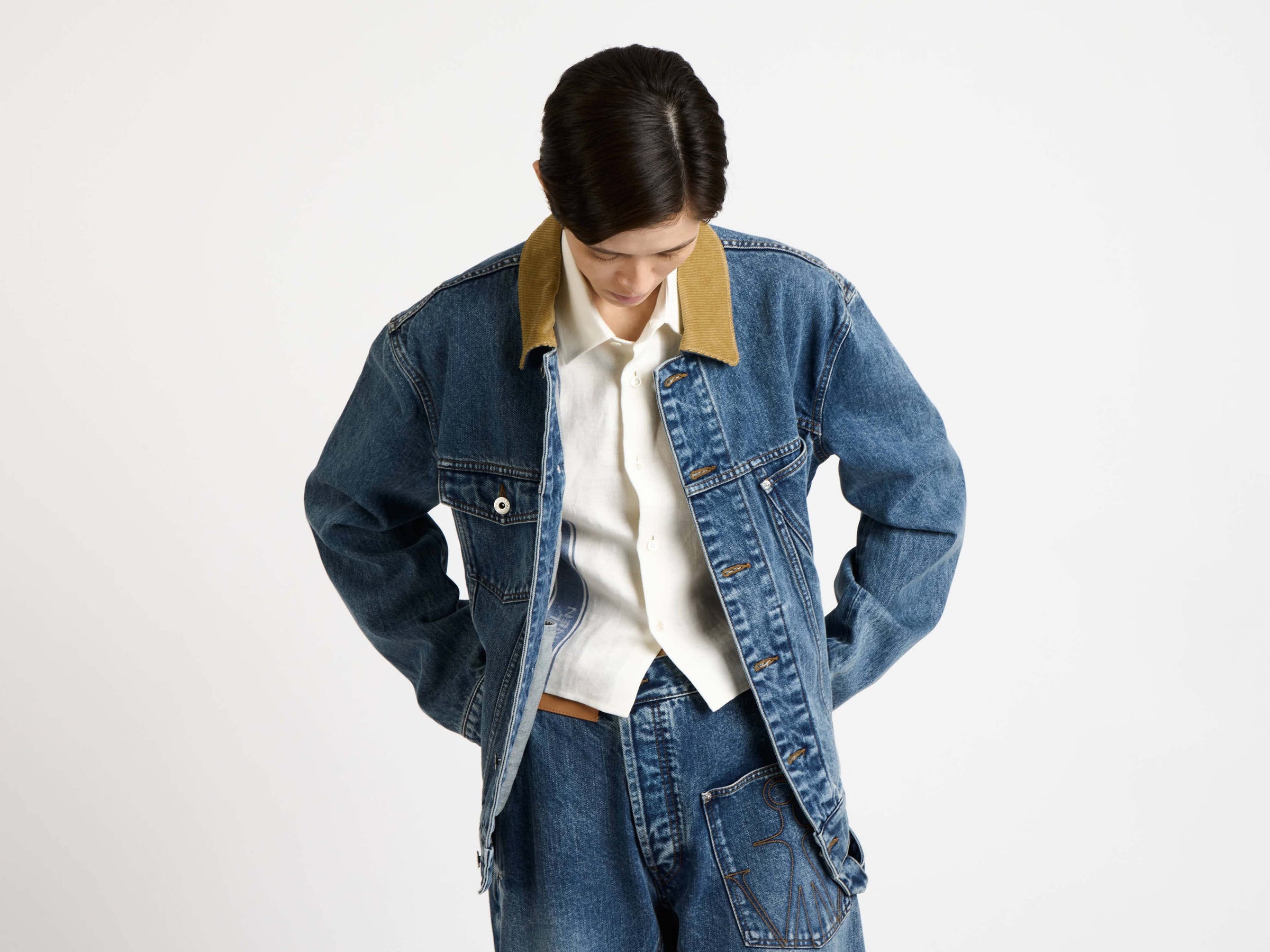 corduroy collar jacket mid blue 1 Model Detail 2