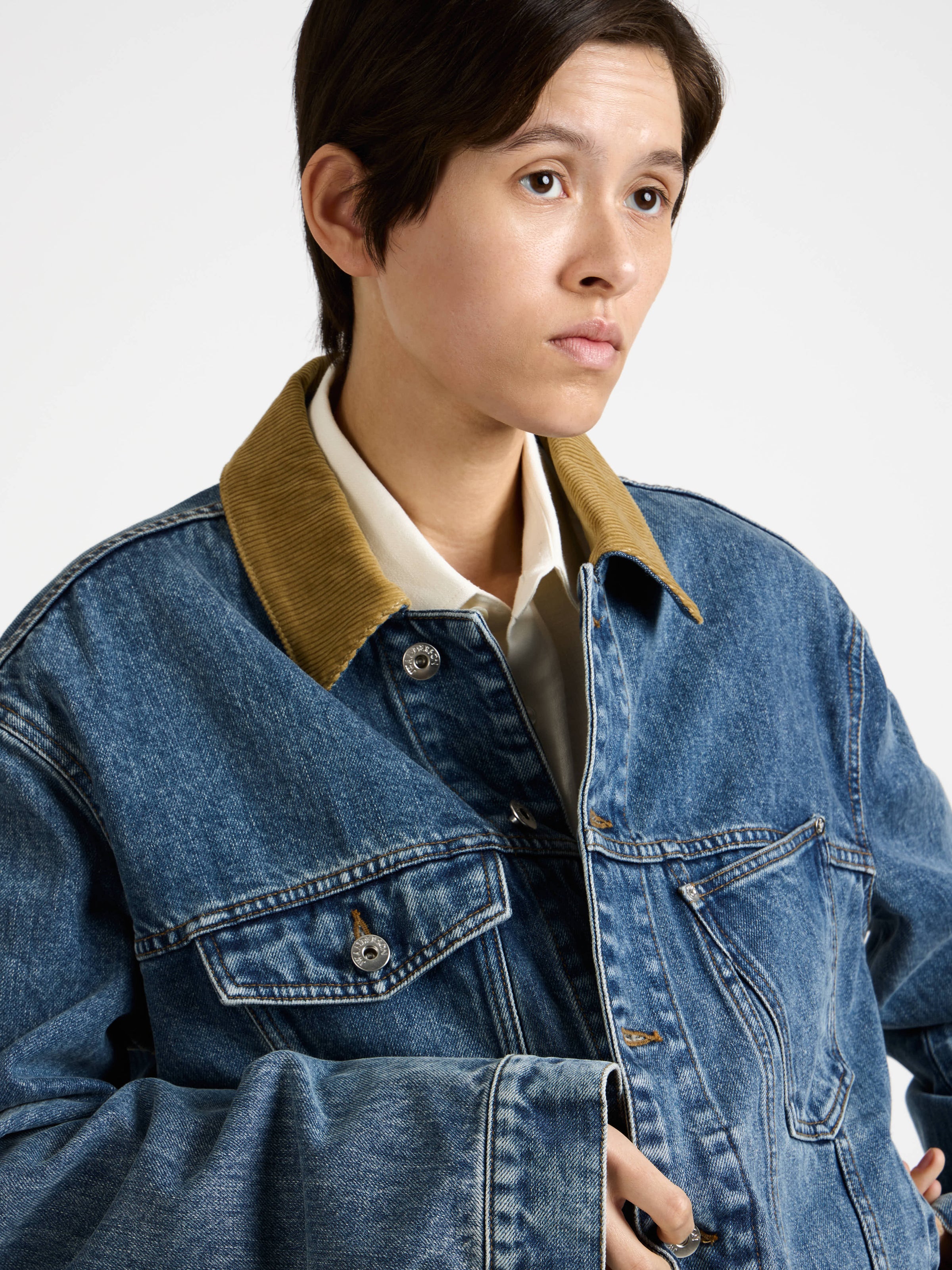 corduroy collar jacket mid blue 1 Model Detail 6