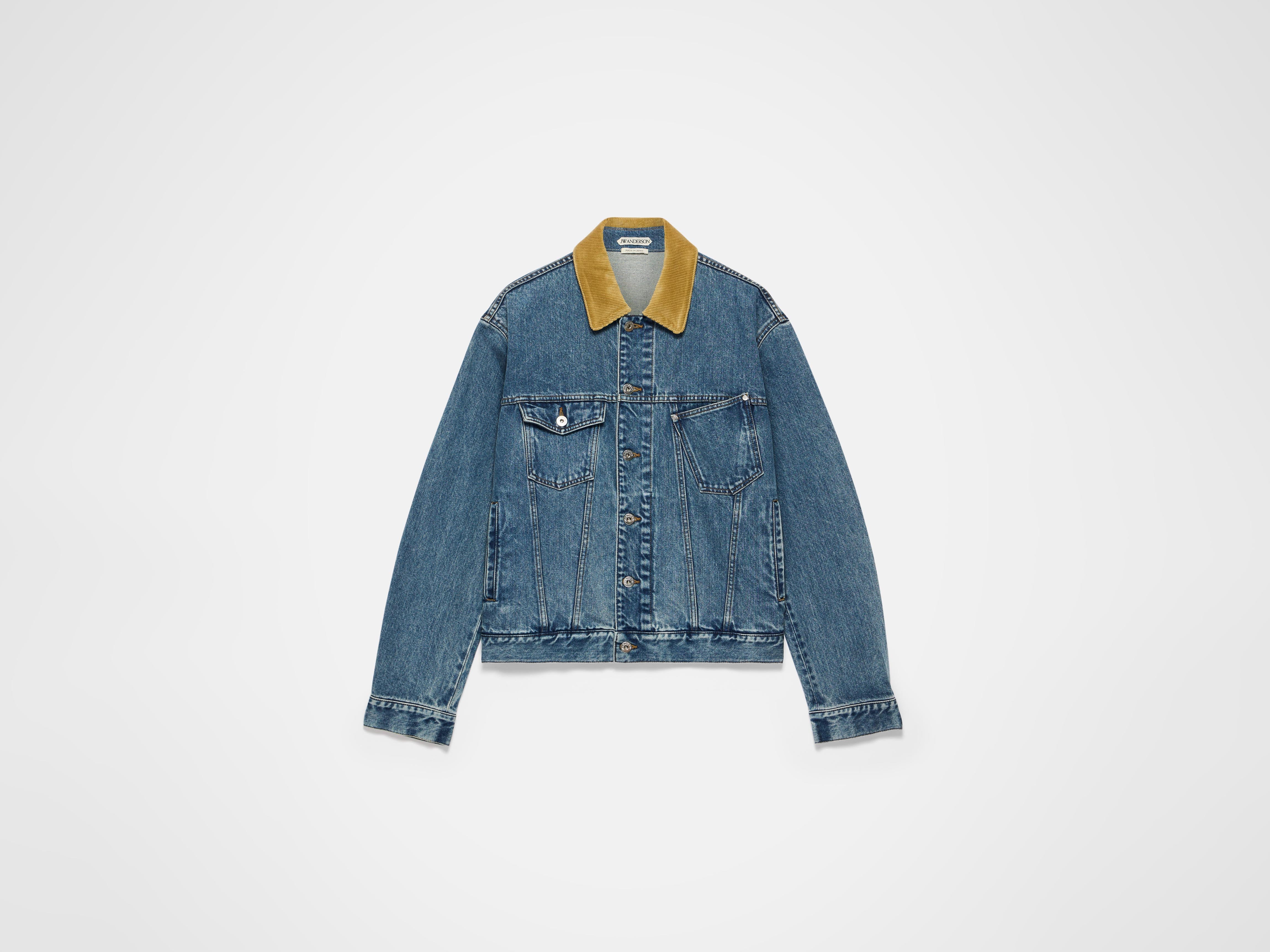 WOMENS CORDUROY COLLAR DENIM JACKET IN MID-BLUE in MID BLUE