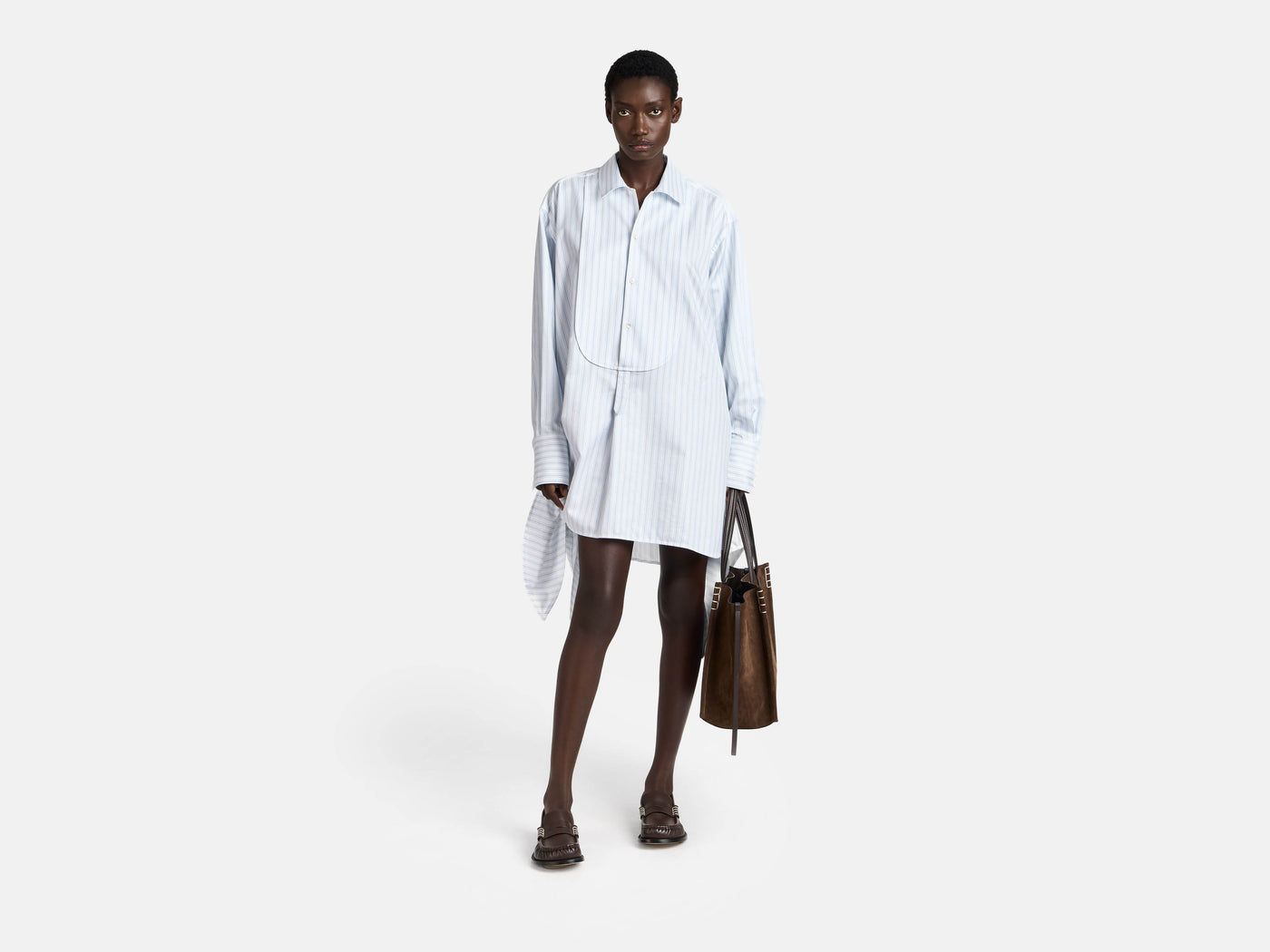 KNOTTED DETAIL SHIRT DRESS IN WHITE & BLUE