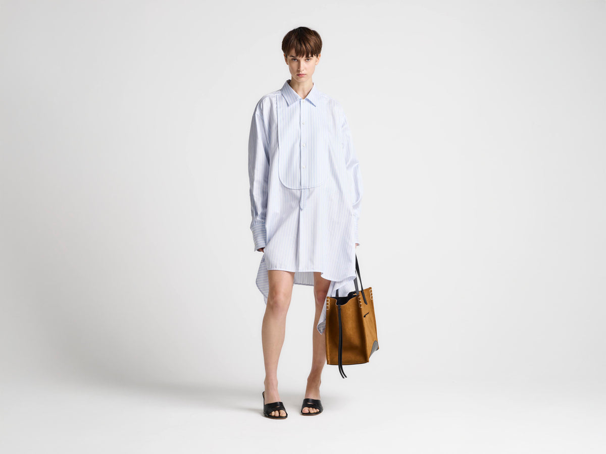 WOMENS SIDE KNOT SHIRT DRESS IN WHITE & LIGHT BLUE