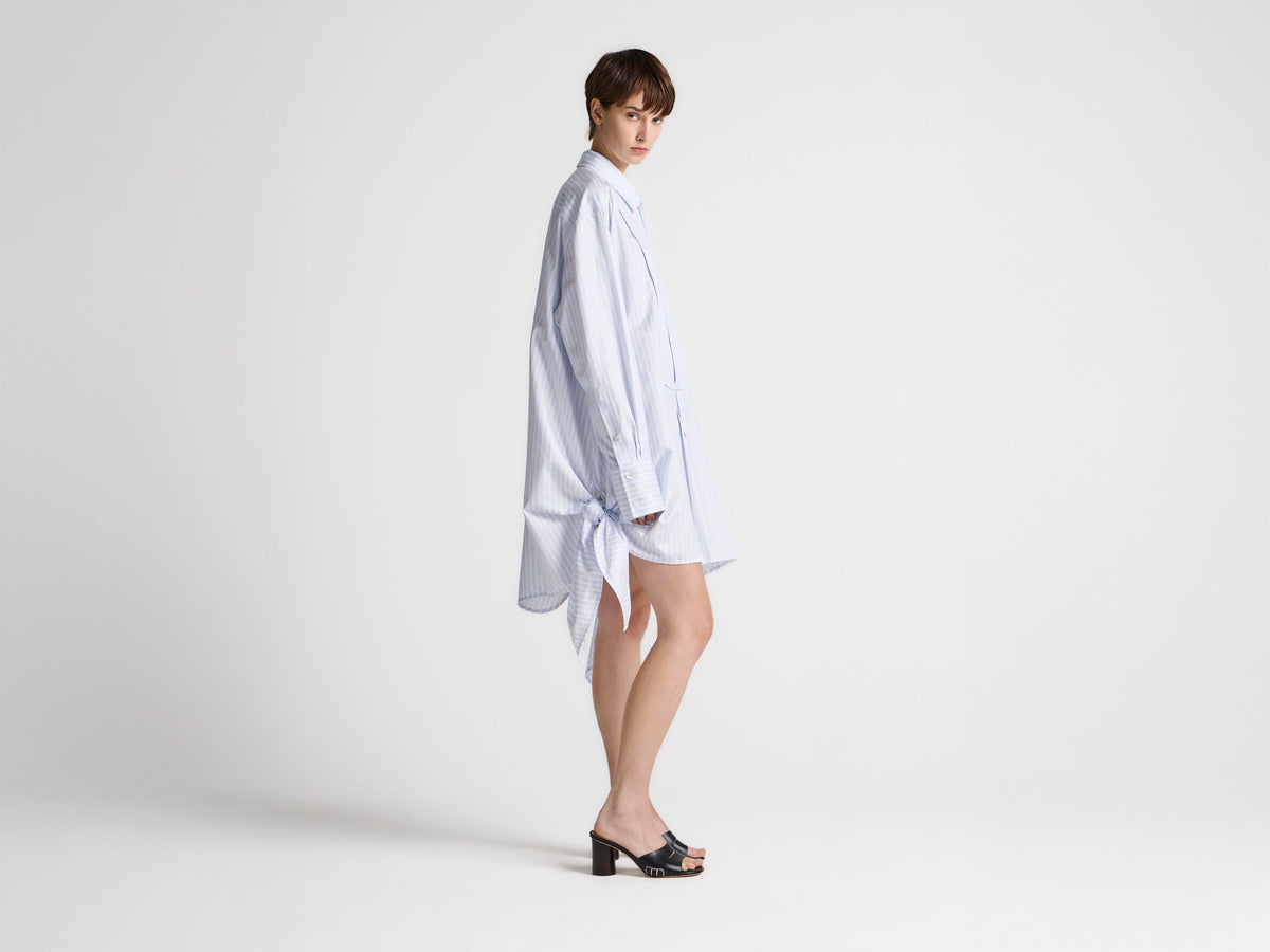WOMENS SIDE KNOT SHIRT DRESS IN WHITE & LIGHT BLUE