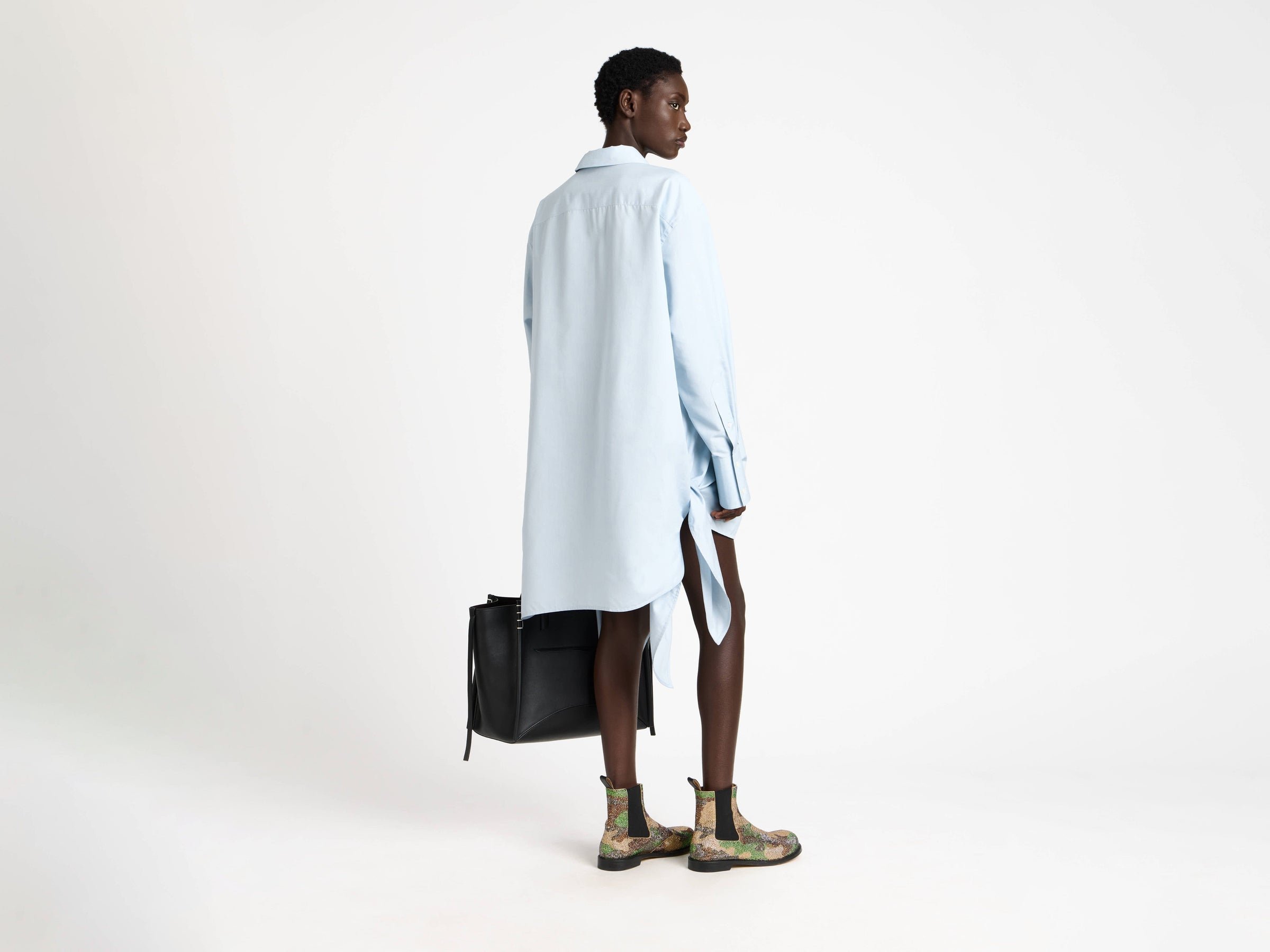 KNOTTED DETAIL SILK SHIRT DRESS IN POWDER BLUE